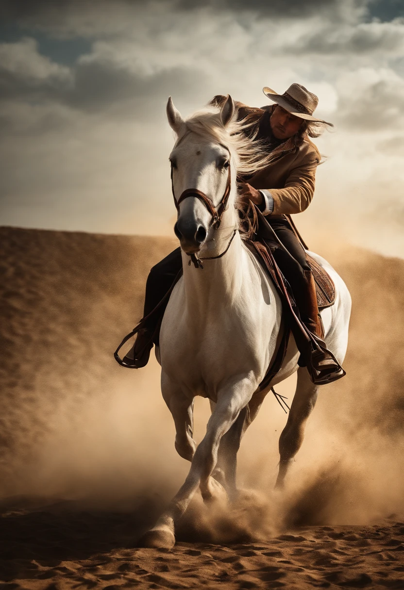 Hombre cabalgando en un caballo blanco