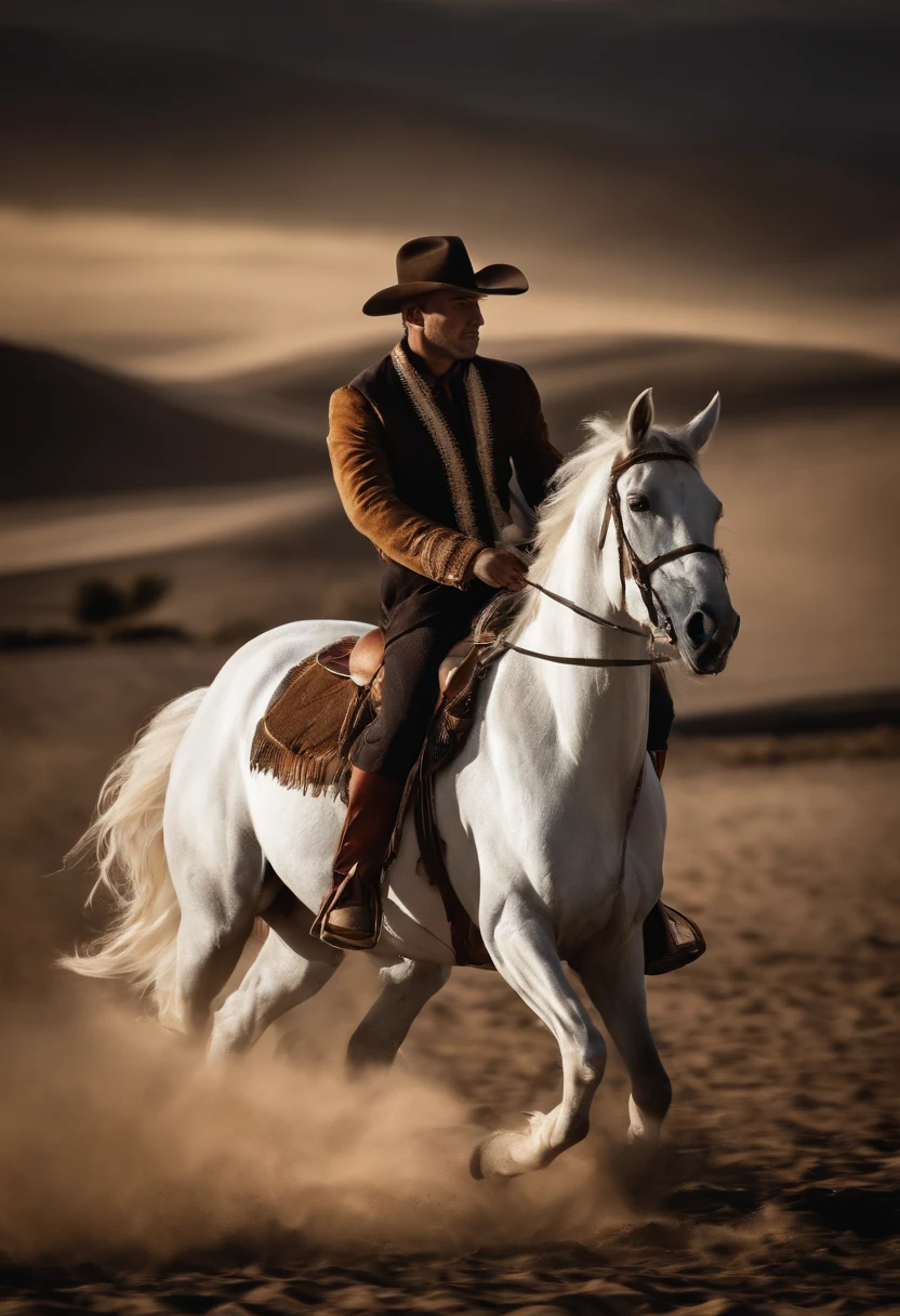 Hombre cabalgando en un caballo blanco