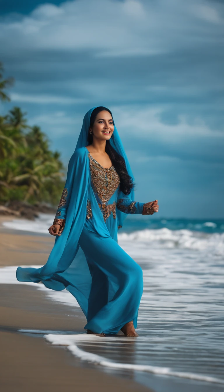 a beutiful woman is playing around the beach in indonesia, wearing blue hijab, long-sleeves shirt, long pants, full body