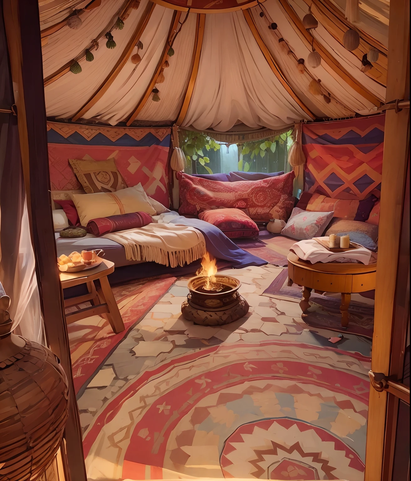 Inside the yurt, pillows, Carpets, cloth, Ottoman