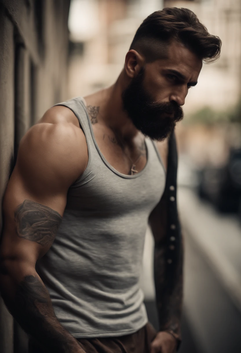 cena de corpo inteiro, homem barbudo e peludo e musculoso, cheio de tatuagens e piercings pelo corpo, usando apenas uma camiseta regata rasgada