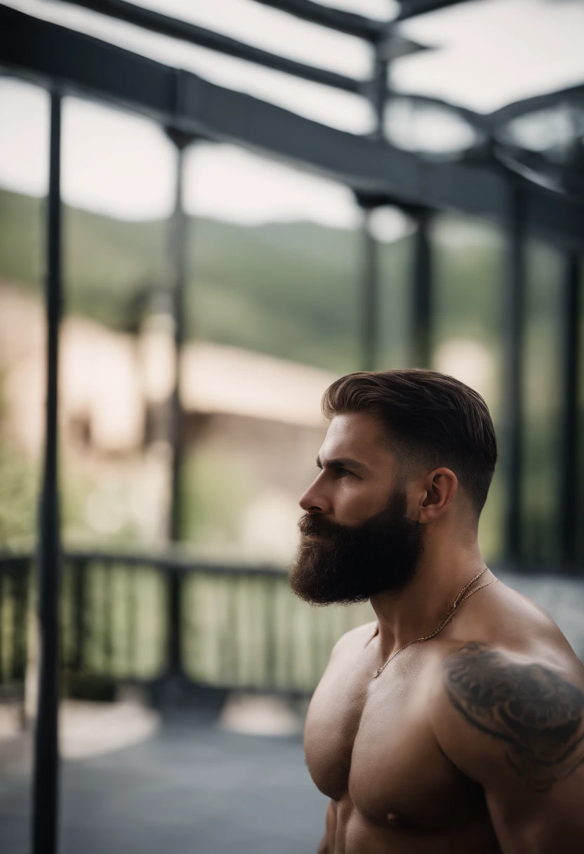cena de corpo inteiro, homem barbudo e peludo e musculoso, cheio de tatuagens e piercings pelo corpo, usando apenas uma camiseta regata rasgada