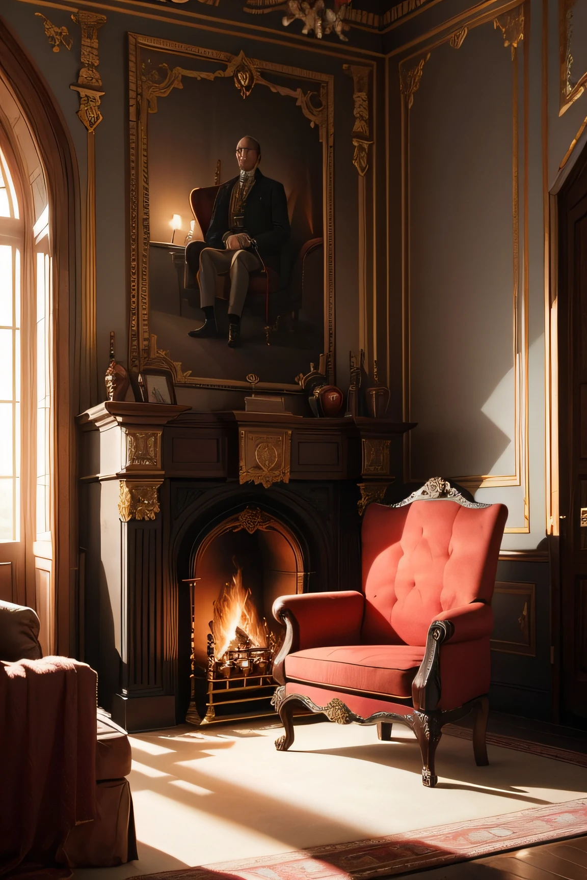 Russian-noble style room of the 18th and 19th centuries, Beautiful and powerful fireplace in the middle of the room, armchair, A man in a coat sitting on a chair, Atmospheric evening