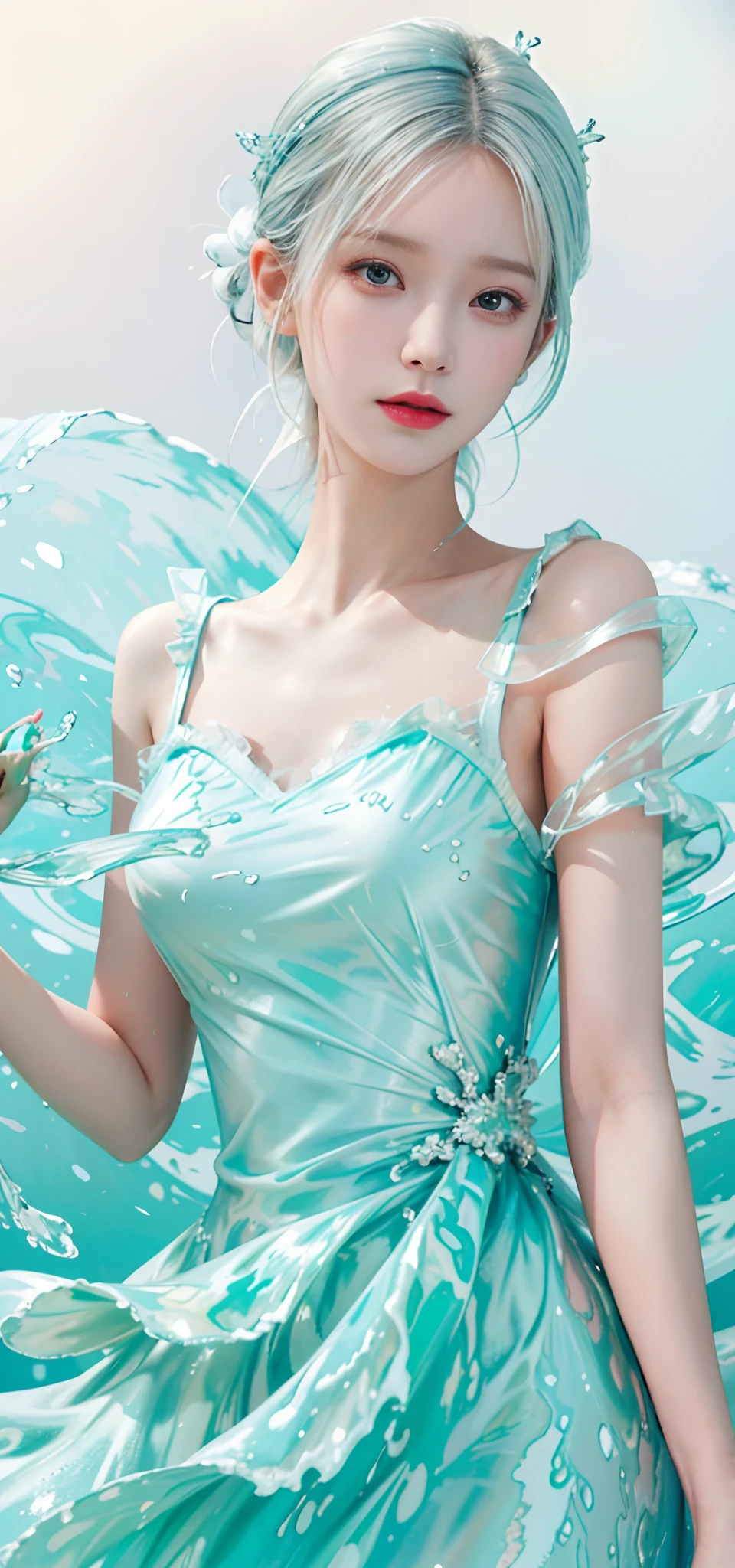 (masterpiece, best quality:1.2), 8k, 85mm, original photo, absurd, White and cyan theme, (liquid clothes, Liquid dress:1.4), white hair, gradient dress, exquisite girl, Upper body, Close-up face, shiny skin, married woman, view viewer, human development report, sharp focus, particle, Dusk sky, Detailed eyes and face, white hair, simple background,nude,Plum,very big ,Bare lower body,Naked of breast,transparent clothes