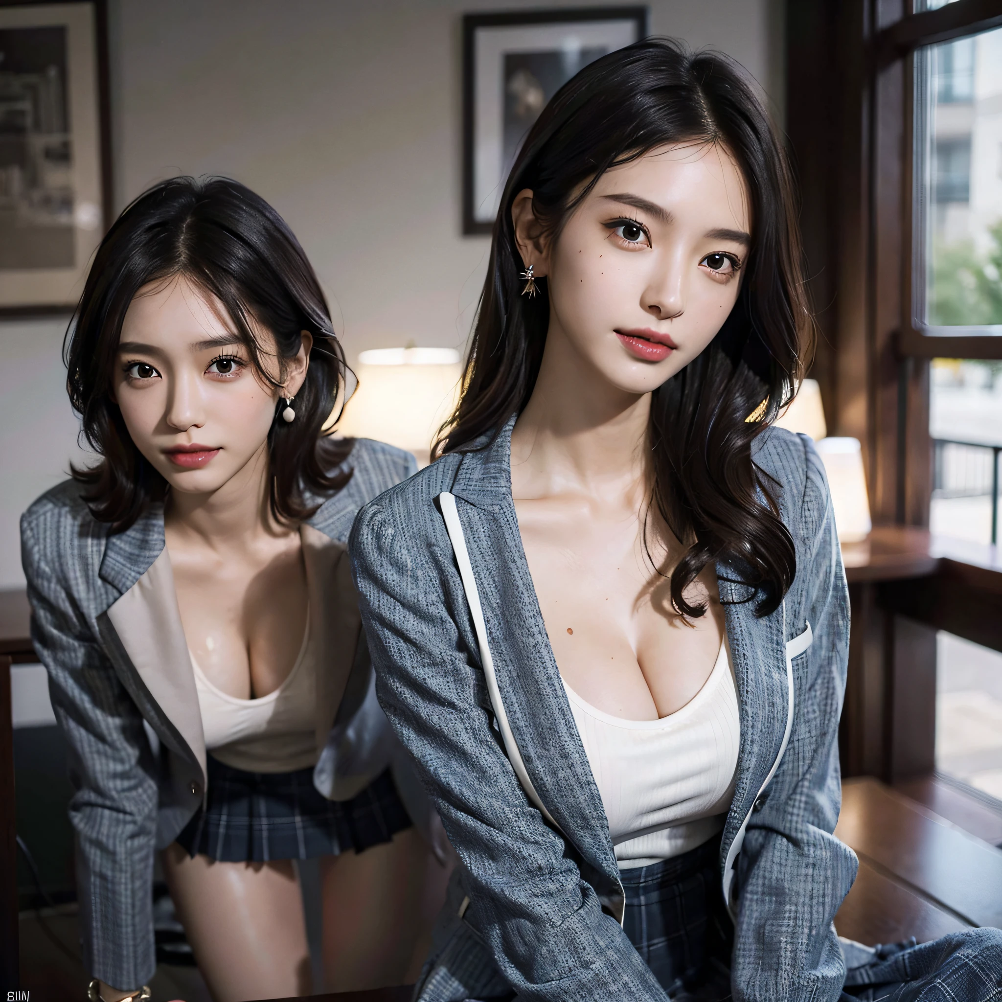 absurdres, RAW photo, extremely delicate and beautiful, masterpiece, Best Quality, ultra high resolution, 16k, hyperrealistic, ultra-detailed, Very detailed CG 8k wallpaper, Beautiful Lighting, Perfect Lightning, Realistic Shadows, perfect anatomy, super Detailed skin, perfect figure, Japanese woman, late 20s, very Slim body, narrow waist, very small head, handsome detailed woman, very detailed eyes and face, realistic face proportions, Stunning detailed eyes, Realistic beautiful face, very small face, Realistic small beautiful eyes, double eyelids, makeup, tearful mole, mole on chest, earring, bare legs, beautiful and very thin legs, beautiful and very thin thighs, (very huge round breasts:1.3), short hair, wavy hair, sweat, (3 girls:1.5), (office lady suit:1.3), (skirt suit), (suit jacket),