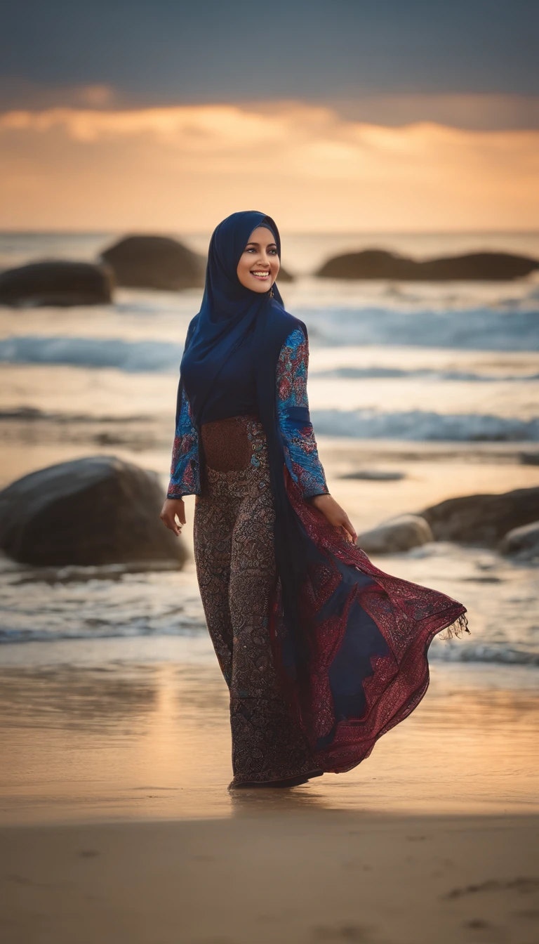 a beutiful woman is playing around the beach in indonesia, wearing hijab, cardigan, long pants, full body