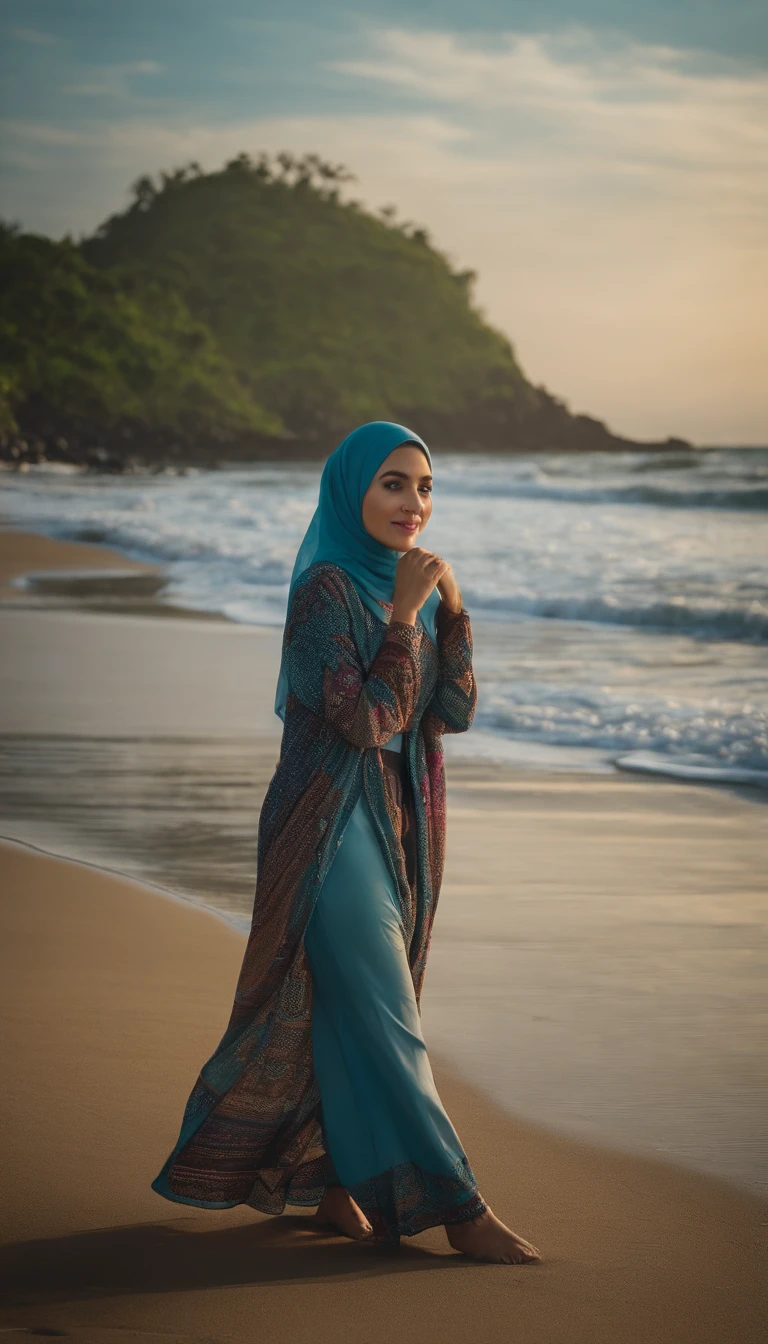 a beutiful woman is playing around the beach in indonesia, wearing hijab, cardigan, long pants, full body