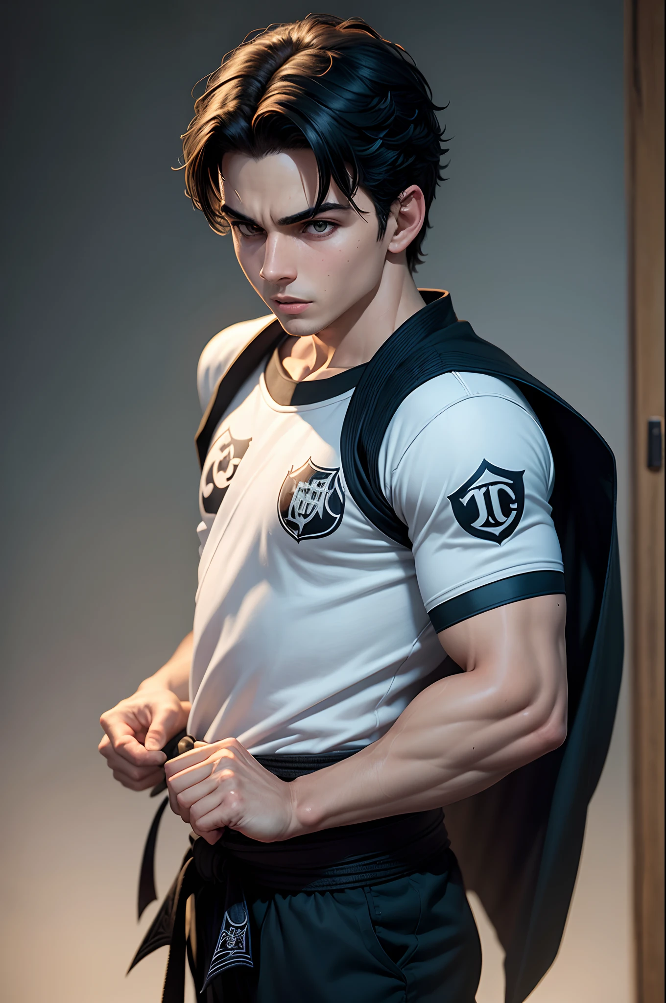 8k, masterpiece, best quality, realistic, higly detailed, cowboy shot, 1boy, solo, Fuutarou, young man, fair skin, black hair, bowl cut, two strands sticking up from the back of his head, bangs that cover his forehead, blue eyes, slim physique, tall build, tends to slouch, serious expression, scary and thuggish vibe, bad guy, Soccer Player
