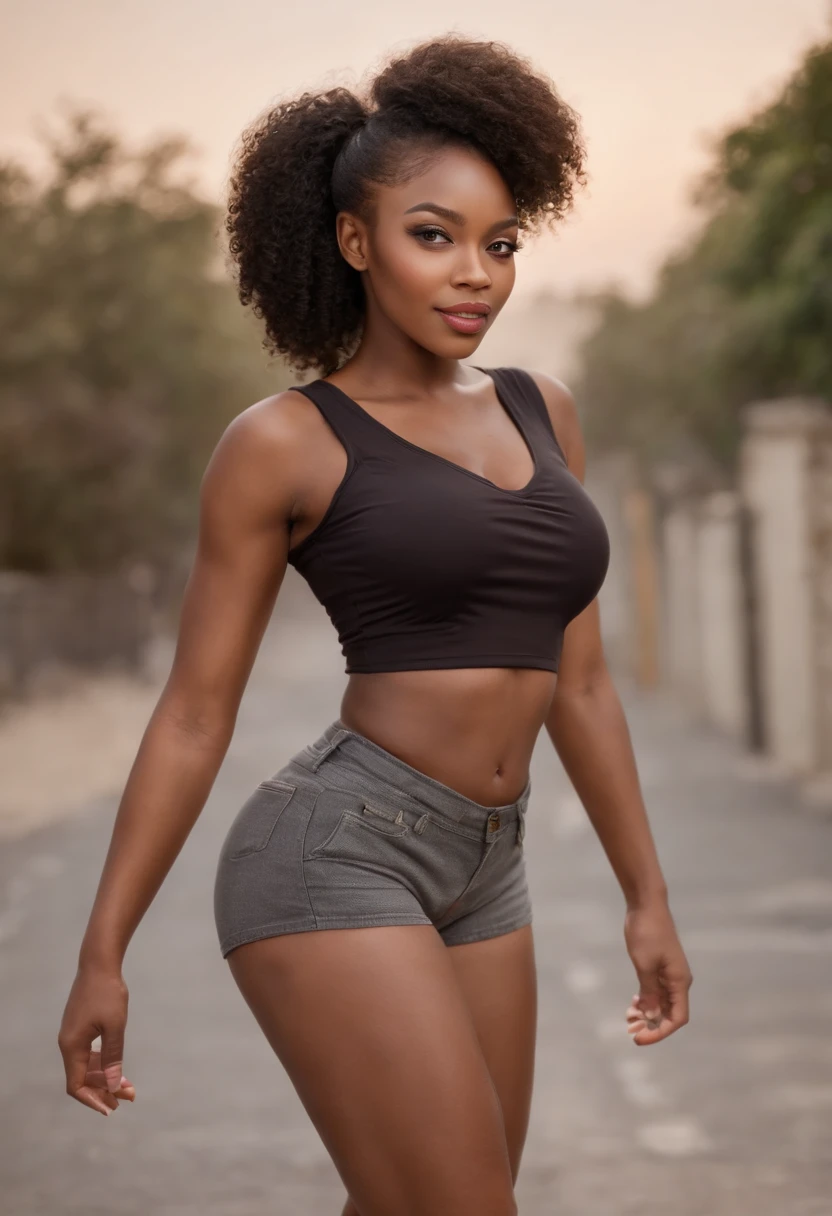 An African woman, well-built, with dark skin, standing, weighing 125 kg, wearing a mini skirt, beautiful face, brown eyes, and a curvy figure is walking down the street.,big booty