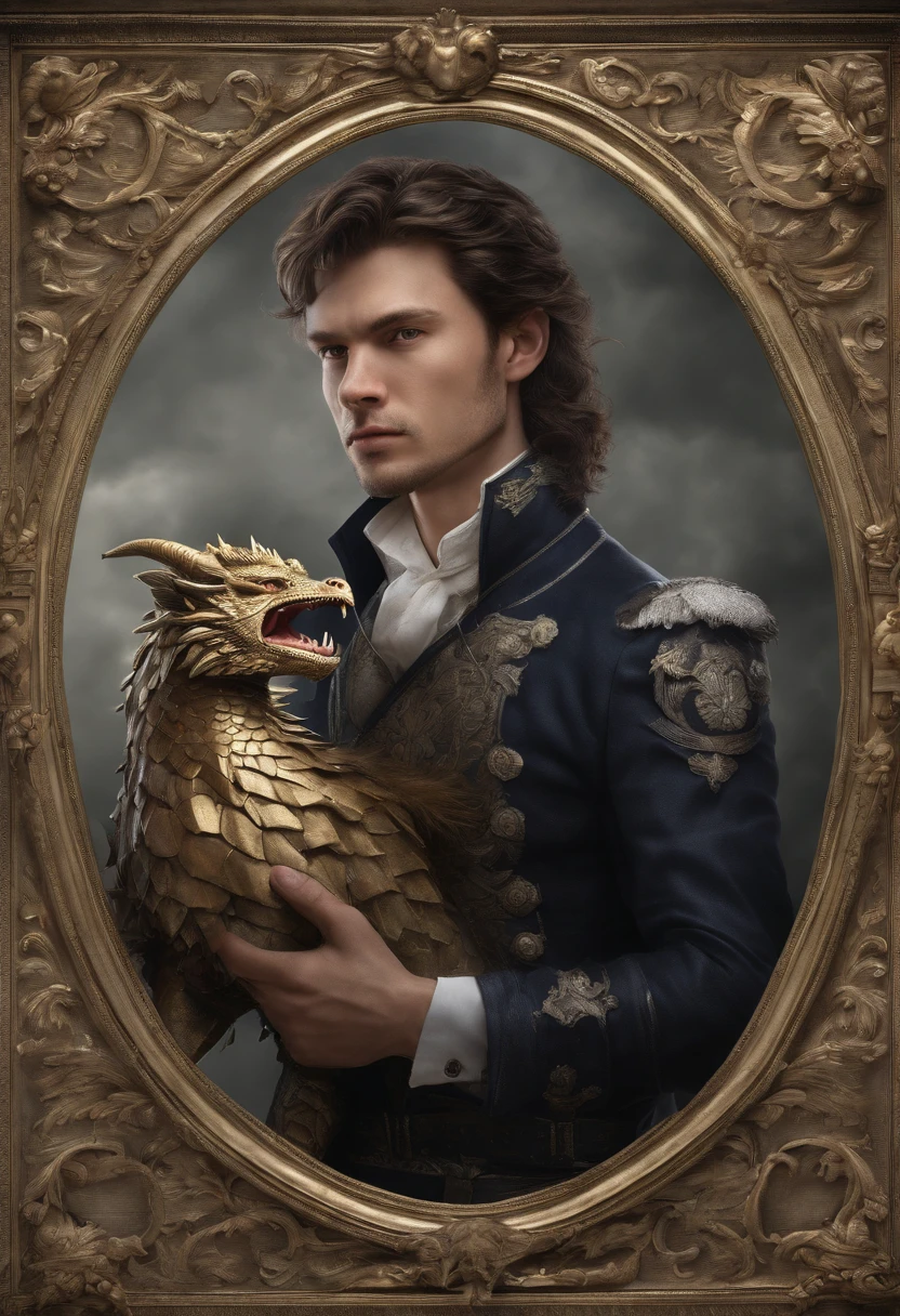 Young gentleman with shield and hair in the wind and his faithful 40-centimeter dragon