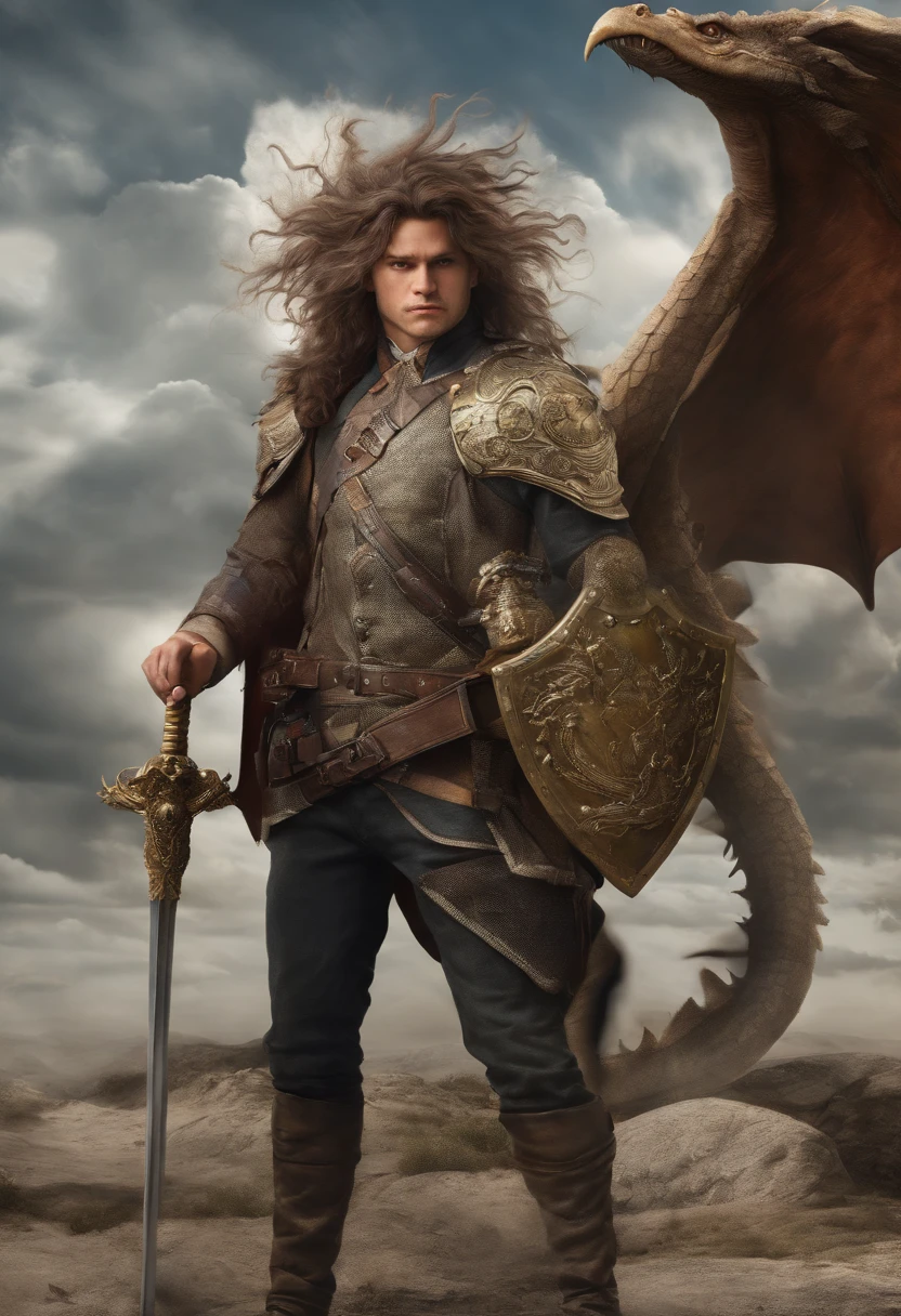 Young gentleman with shield and hair in the wind and his faithful 40-centimeter dragon