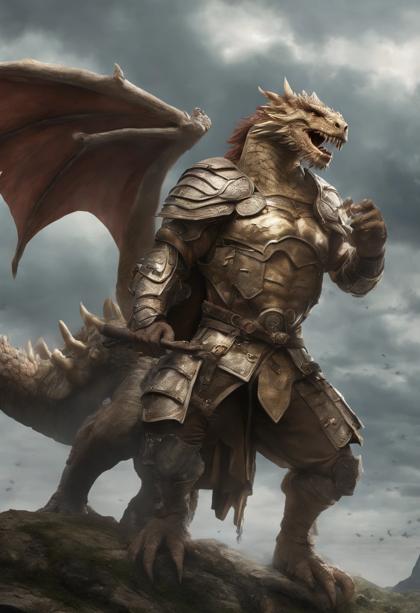 Young gentleman with shield and hair in the wind and his faithful 40-centimeter dragon