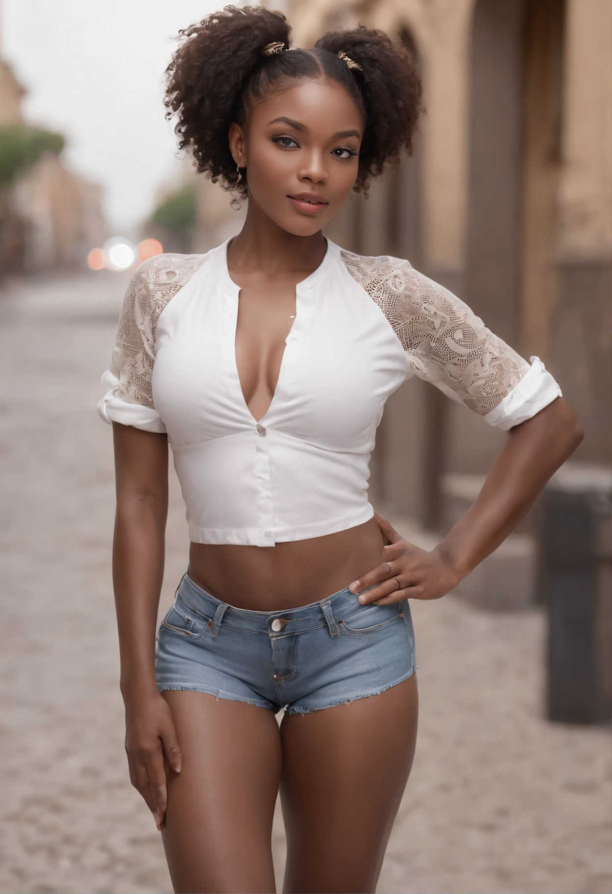((African dark skin, very deep ebony skin)), ((her beauty is undeniable)), ((excited cute face)), ((hyper detailed perfect eyes,)), ((cute pose)), ((tongue out)), ((seductive )), sexy, (( tight mesh shirt, sexy short shorts)), ((African long curly afro ponytail hair,)), (( skin)), ((standing, front view)), ((touching her own legs in a sexy pose)), ((outdoors, public city)), sharp focus cgi, photorealistic, high detail, realistic, masterpiece, absurdres, best quality, HDR, high quality, high-definition, extremely detailed, 8k wallpaper, intricate details, 8K uhd, Full-HD, (realistic photo:1.2), contrast, harsh lighting, cinematic lighting, natural lighting, hard light, backlighting, global illumination, ambient occlusion