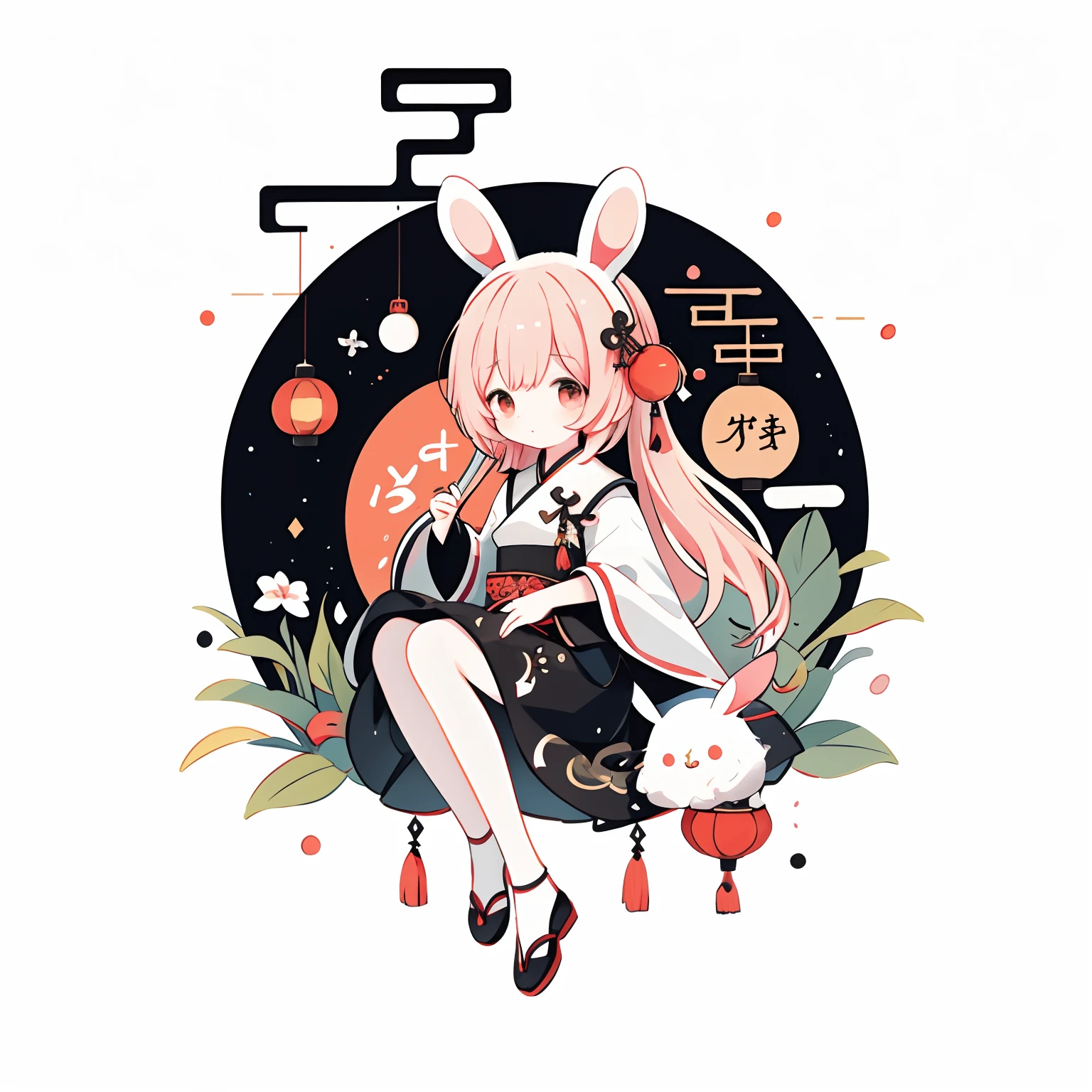 （Chibi Lori Eared Rabbit）, sat on the ground, Looking Up, （（Mid-Autumn Festival atmosphere，Sweet osmanthus，Kong Ming Lantern，Meniscus，Mooncakes）），（Chinese Chinese Characters：1.3），Traditional Chinese Illustration Style, Digital Art, Simple background, Masterpiece isolated on white background, Best Quality, Ultra-detailed, High quality, 4K