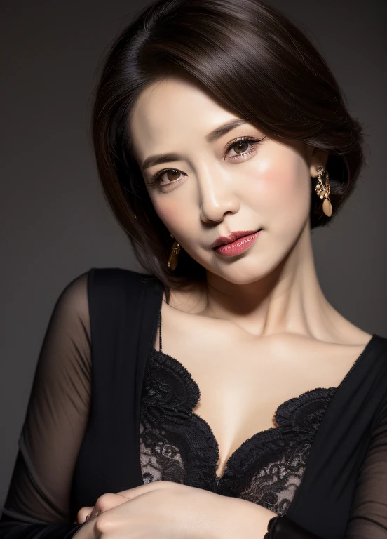 masterpiece,best quality, (one milf), ((portrait:1.5)), makeup, elegant black shirt, touch own chest, ((seduction expression)),