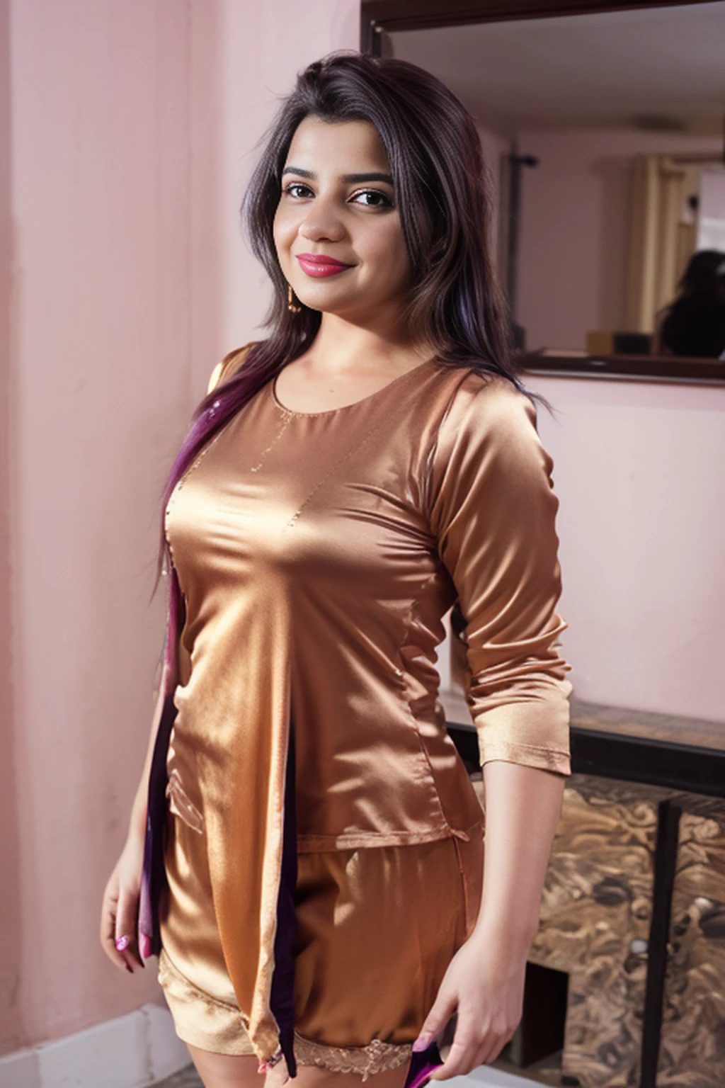 a full length portrait of pakistani curvy woman, age 30, ((slob)) casual poses, detailed skin, dslr, lipstick, ((she is wearing plum tight pakistani satin outfit)) (wearing shiny satin shorts) (petite) , curves, photo realistic (salwar kameez, kameez with two side splits) (tight satin kameez and trousers) dslr, detailed face, skin texture, dslr, 50mm lens, 8k. (black hair, brown highlights) (at the party) cheerful,transparent scard, dance