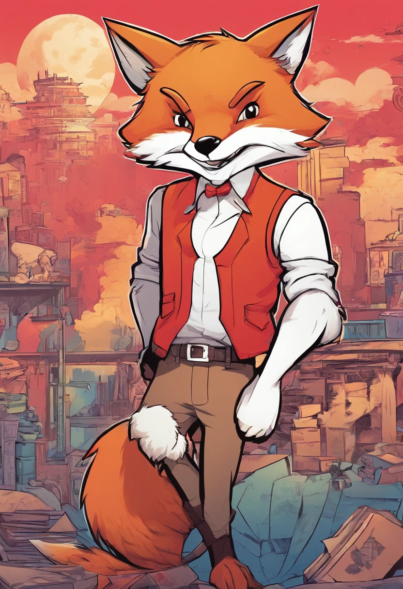 male anthropomorphic furry fox in a cartoon style. setting is a college dorm. the fox is wearing boxer briefs and a red t-shirt.