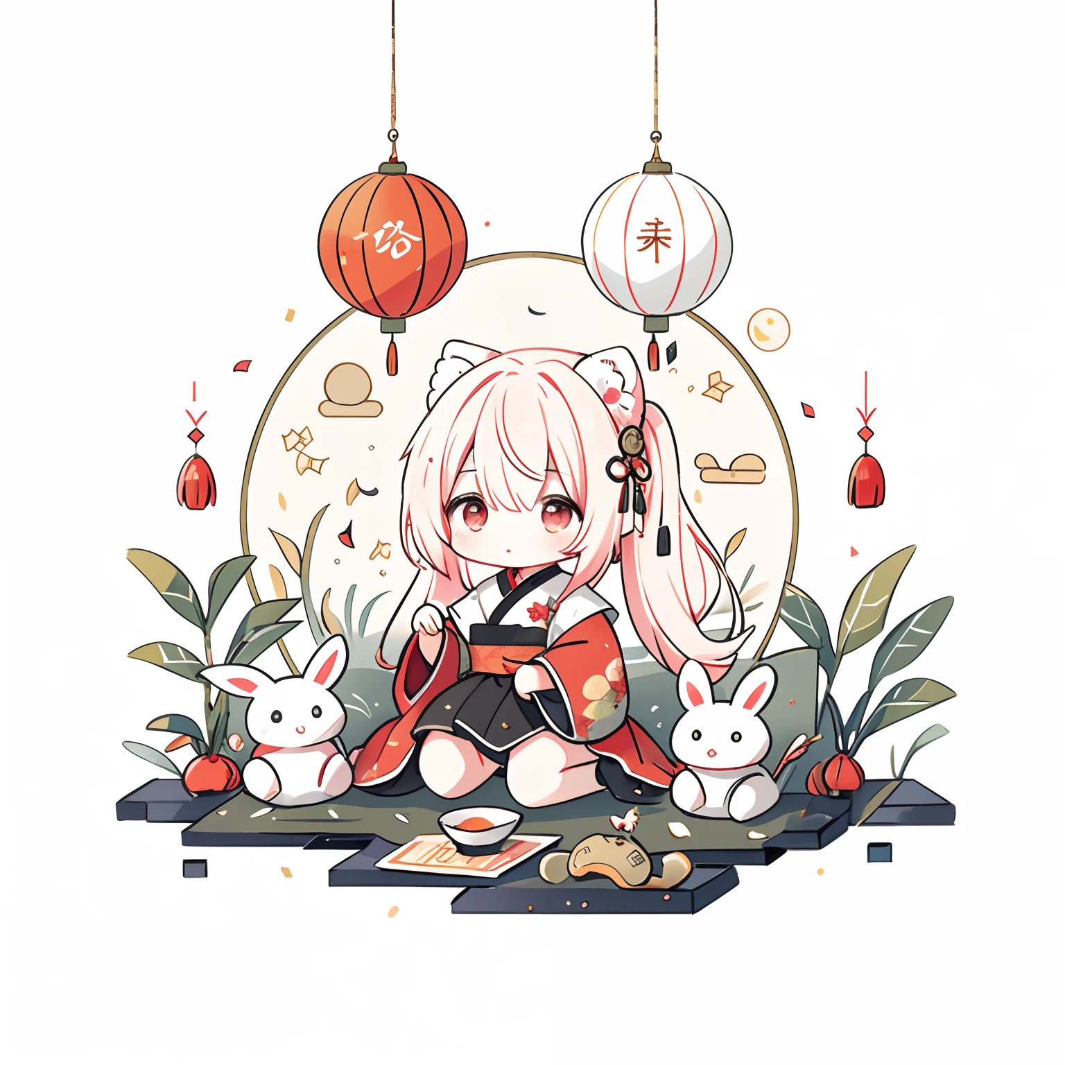 （Chibi Lori Eared Rabbit）, sat on the ground, Looking Up, （（Mid-Autumn Festival atmosphere，Sweet osmanthus，Kong Ming Lantern，Meniscus，Mooncakes）），（Chinese Chinese Characters：1.3），Traditional Chinese Illustration Style, Digital Art, Simple background, Masterpiece isolated on white background, Best Quality, Ultra-detailed, High quality, 4K