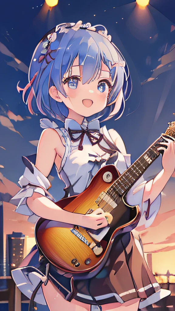 ((masutepiece)), ((Best Quality)), (Ultra-detailed), Anime style, Live performance venue, Cute little girl s, 1girl in, Solo, Playing the guitar 00, Bunny Girl 00, ((Beautiful eyes))0, Smile