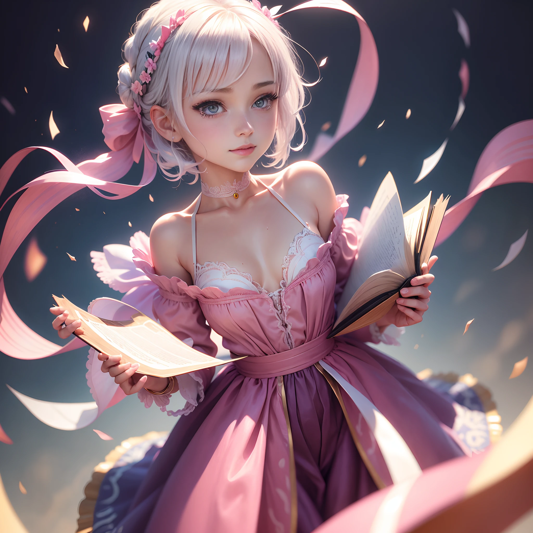extremely detailed character, extremely delicate and beautiful girl, contour deepening beautiful detailed glow, animated, bright, whole body, view straight on, focus on eyes, flying_sweatdrops, shiny_skin, girl,woman,female, little,child,, short hair, flipped hair, wept bangs, braided bun, beautiful white hair, multicolored hair, shiny hair, delicate beautiful face, light smile, extremely detailed eyes, medium_breasts, , pink eyes, bright skin, red_ribbon, piercing, book, formal, blue Clothes, gradient_background, motion blur, manga cover, hyper detailed, absurdres, very precise detailed,