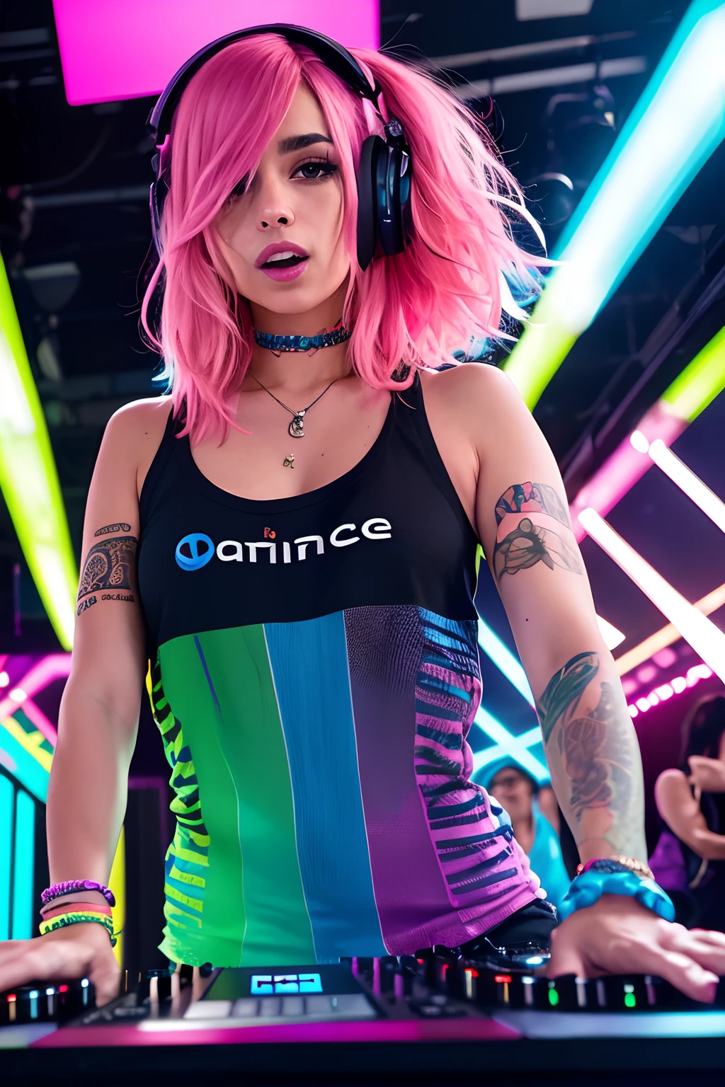 upper body, female dj, colorful clothes , quirky, vibrant appearance, playful accessories, creative behavior, imaginative, sensual, spontaneous, dj neko headphones, mixing console, music club, night club, indie theaters, people dancing on the dance floor background, underground danceclub, highest quality, skin texture, intricate details, (cinematic lighting), RAW photo, 8k, long pink hair