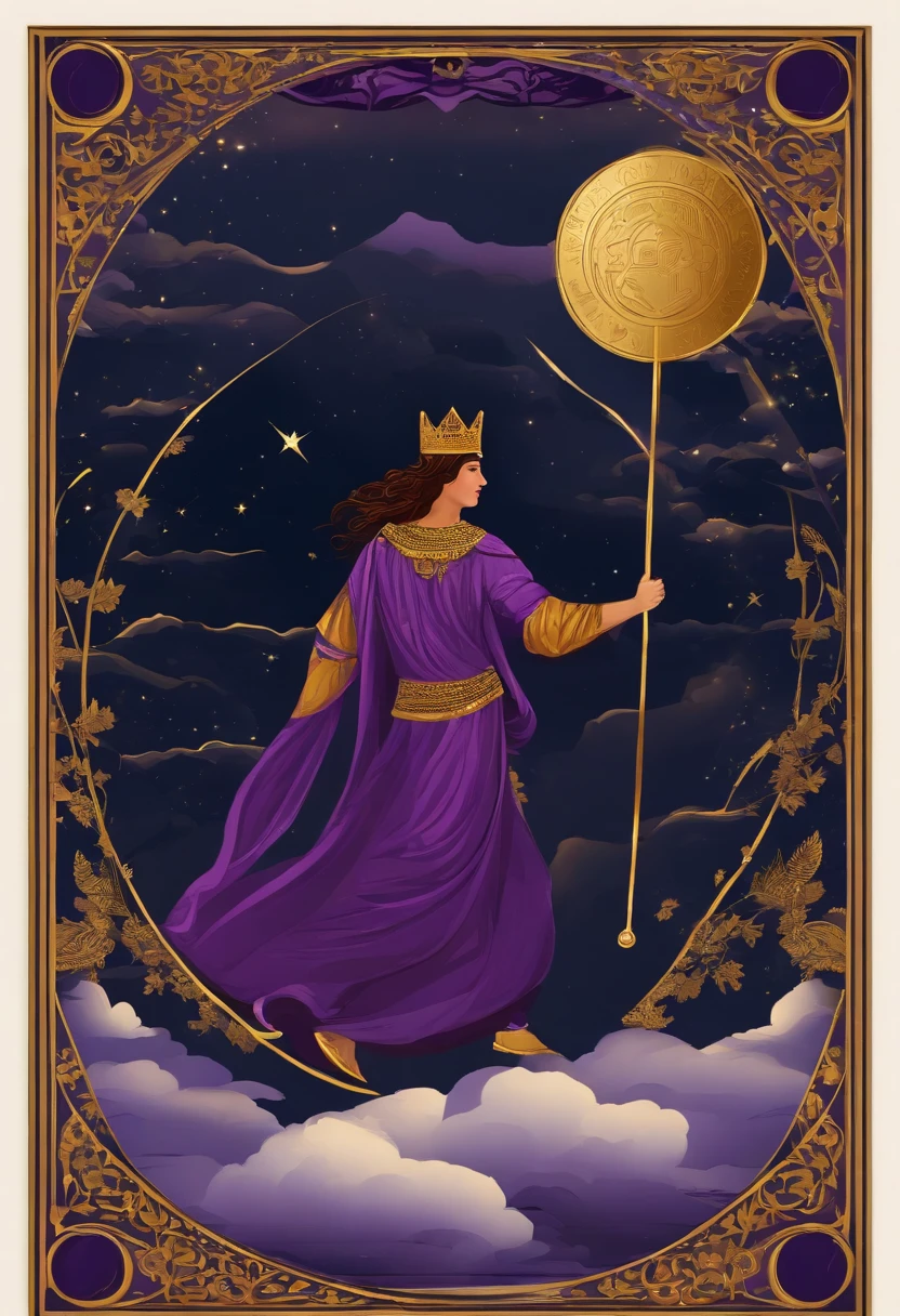 Tarot card with 0.025 inch margin top, bottom, right side and left side with purple gold color, tarot card art style, man travel walking on clouds with strong winding the form of tarot card, dark purple gold, magic, –-ar 2:3 –-q2 –-s250