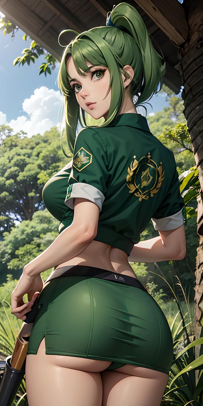 Completamente nua, com peitos a exposta e com as pernas abertas ranger feroz e independente (anime waifu) com cabelo verde curto e olhos verdes penetrantes, que vive uma vida de aventura na selva,