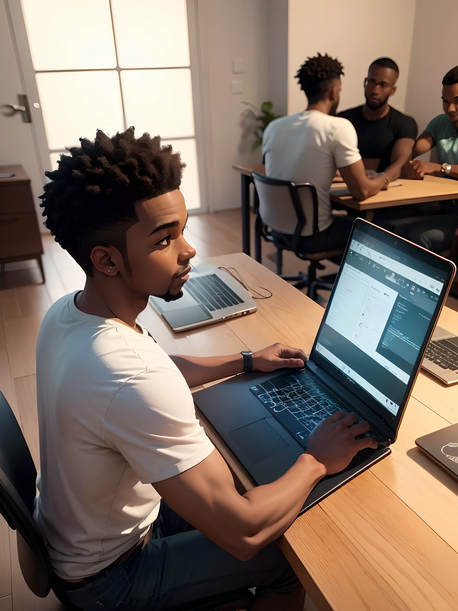 (black man working on laptop at home,3 playing children in background:1.2),high-res 3D rendering(vivid colors:1.1,ultra-detailed),spacious living room,mixed modern and cozy interior design,abundant sunlight,modern furniture,neat and organized workspace,windows with city view,beautifully decorated walls,clean and tidy atmosphere,happy and lively atmosphere,relaxed and warm environment,loving and caring family scene,satisfied facial expressions of children,visible joy and laughter,laptop with illuminated screen,slim and sleek laptop design,focused and concentrated man,wireless earphones,stylish and comfortable attire for man,modern technology devices,playful and energetic children,diverse activities for children,soft carpeted floors,warm color scheme,elegant lighting fixtures,thoughtful artwork on walls,green indoor plants,cosy reading nook,floor-to-ceiling windows,open concept layout