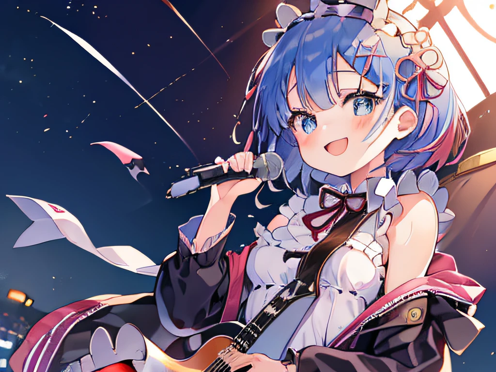 ((masutepiece)), ((Best Quality)), (Ultra-detailed), Anime style, Live performance venue,  girl s, 1girl in, Solo, Playing the guitar 00, Bunny Girl 00, ((Beautiful eyes))0, Smile