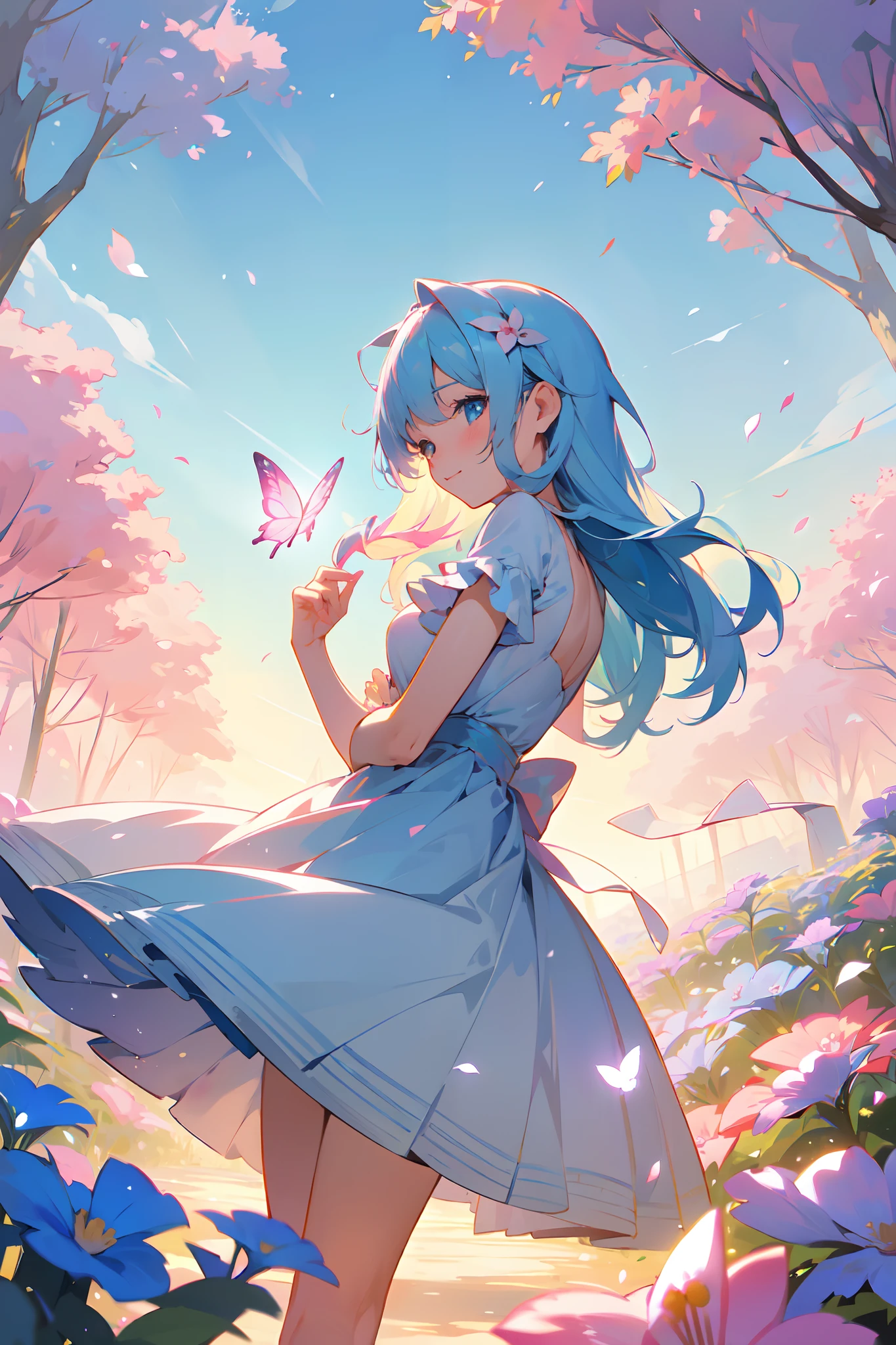 (Best Quality, 8K, masutepiece:1.2, NSFW ),Cutest,Cute Girl,mesugaki,Beautiful face,Beautiful eyes,Beautiful hair, Light blue hair,A lot of colorful flowers,soft sunlight,Vivid colors,Sparkling petals,flying butterflies,Nice dress,Innocent smile,playful pose,Atmosphere of bliss,Calm background,dreamy ambiance,Lively atmosphere,sparkling dew,Joyful expression,enchanting charm,magical garden,PastelColors,gentle wind,Dainty features,Delicate petals,Adorable beauty,Fascinating landscapes.