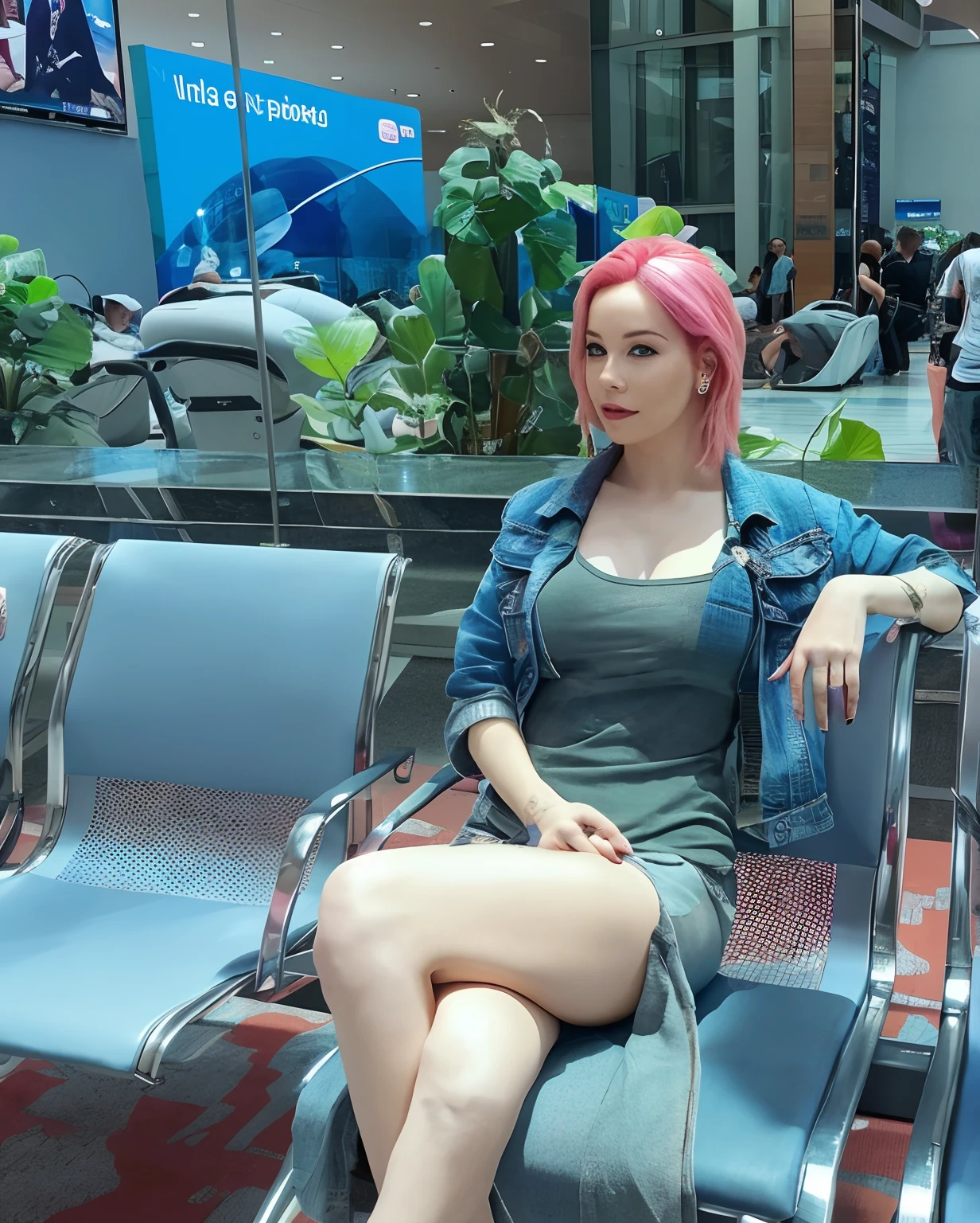 a beautiful woman sitting on a chair in an airport,with pink hair, bigboobs, topless, casual pose, ((8k)), nice afternoon lighting, sitting down casually