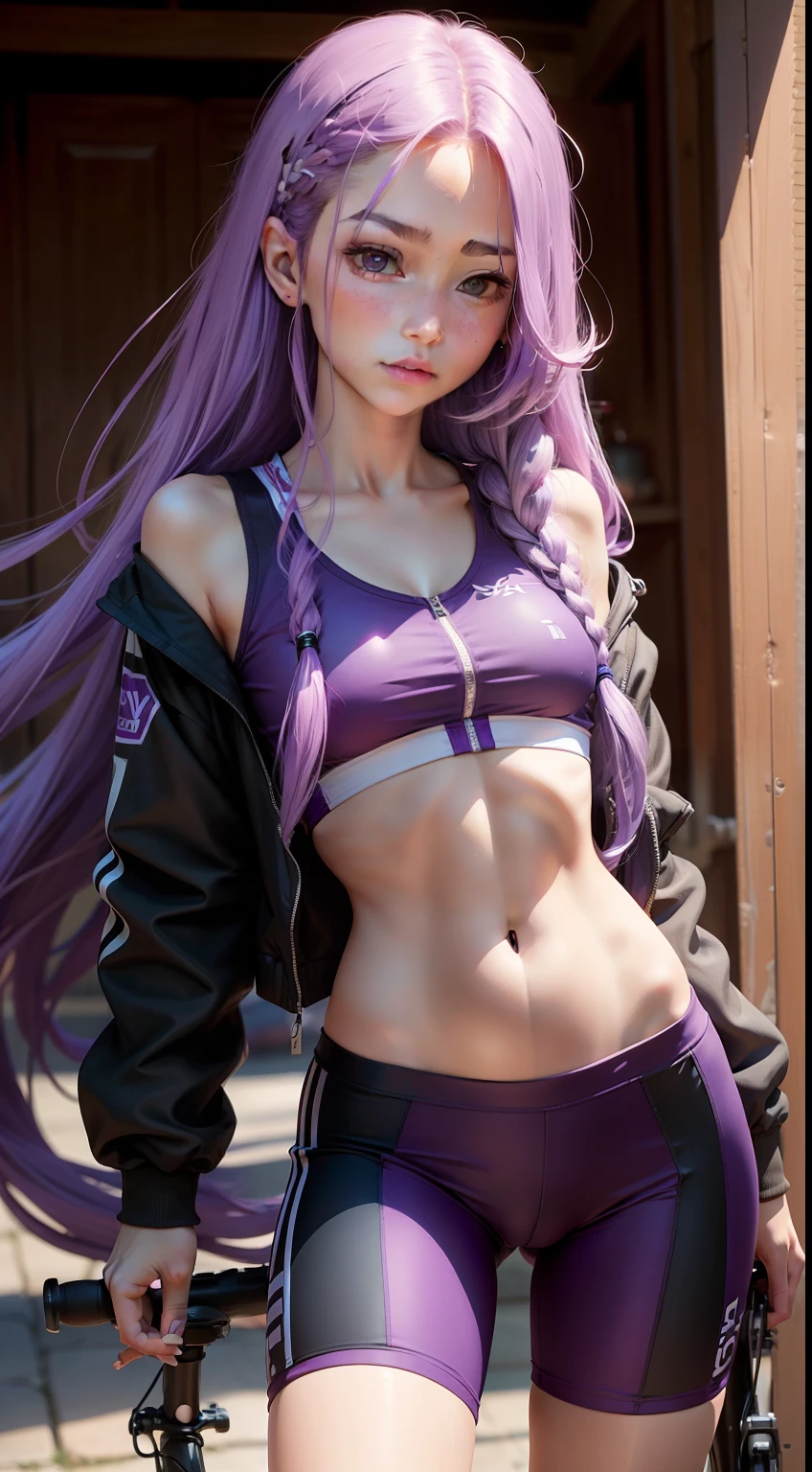 Girl with long purple hair, Slim, cuteface, little chest,  In cycling shorts