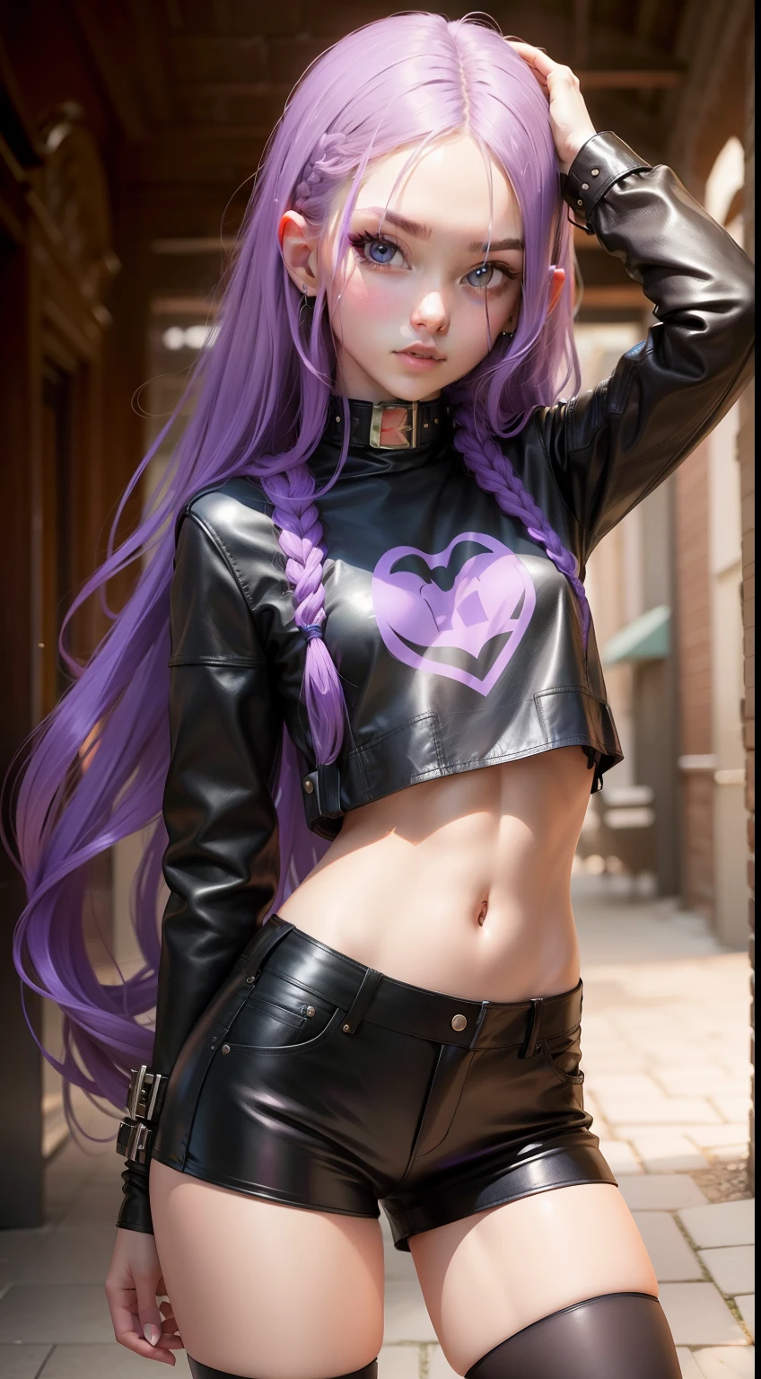 Girl with long purple hair, Slim, cuteface, little chest, in leather shorts