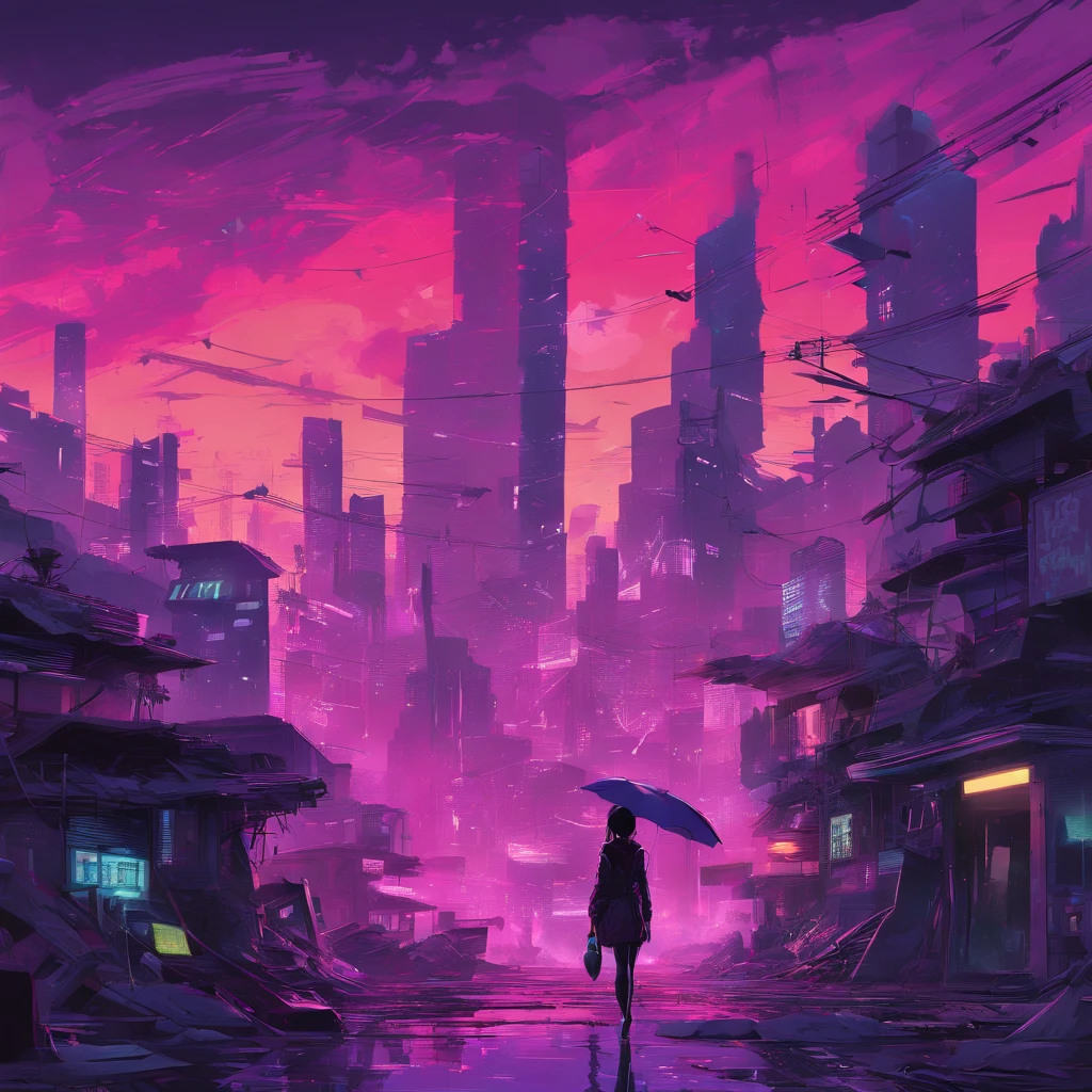 ((masterpiece)), ((8k)),( Ultra-high resolution), ((highly detailed)), a dystopian future Tokyo depicted in the style of cubism, with rain-soaked streets reflecting neon lights, (city dominated by biomechanical designs), (amidst the rubble, a lone silhouette of a girl standing atop heaps of debris), (set against an unreal palette of colors in the background), (eerie sky dyed in purple)