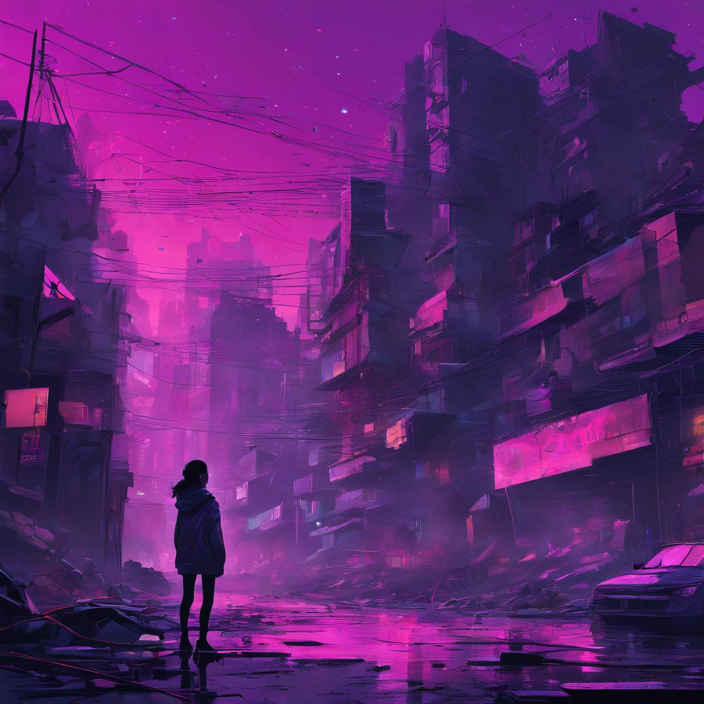 ((masterpiece)), ((8k)),( Ultra-high resolution), ((highly detailed)), a dystopian future Tokyo depicted in the style of cubism, with rain-soaked streets reflecting neon lights, (city dominated by biomechanical designs), (amidst the rubble, a lone silhouette of a girl standing atop heaps of debris), (set against an unreal palette of colors in the background), (eerie sky dyed in purple)