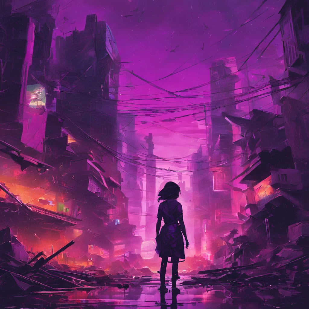 ((masterpiece)), ((8k)),( Ultra-high resolution), ((highly detailed)), a dystopian future Tokyo depicted in the style of cubism, with rain-soaked streets reflecting neon lights, (city dominated by biomechanical designs), (amidst the rubble, a lone silhouette of a girl standing atop heaps of debris), (set against an unreal palette of colors in the background), (eerie sky dyed in purple)