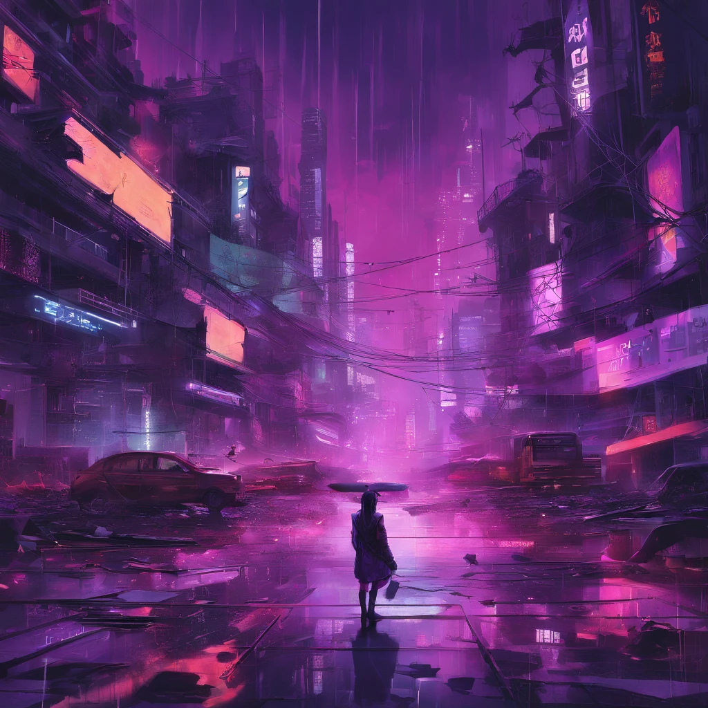 ((masterpiece)), ((8k)),( Ultra-high resolution), ((highly detailed)), a dystopian future Tokyo depicted in the style of cubism, with rain-soaked streets reflecting neon lights, (city dominated by biomechanical designs), (amidst the rubble, a lone silhouette of a girl standing atop heaps of debris), (set against an unreal palette of colors in the background), (eerie sky dyed in purple)