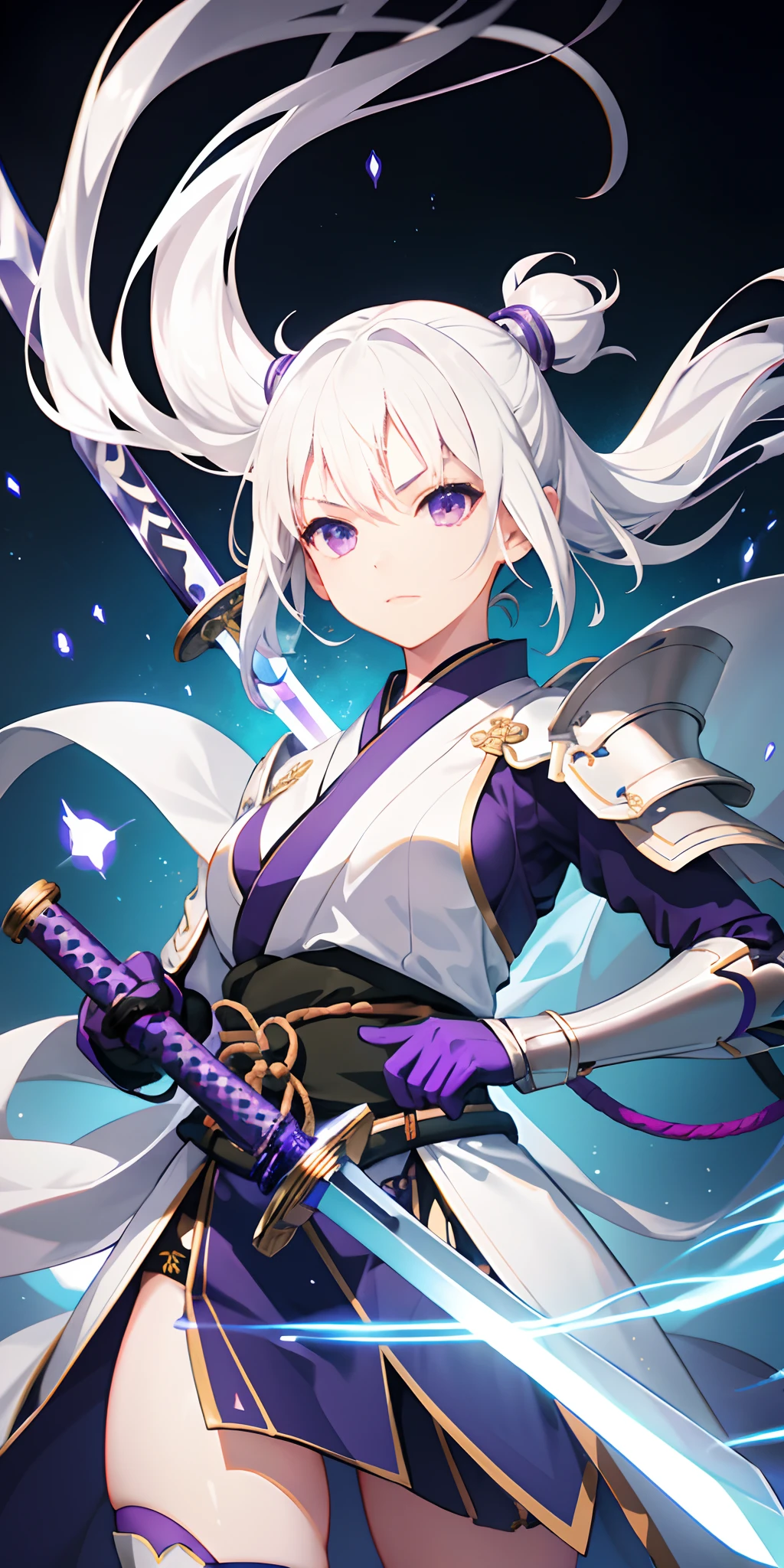 1girl, japanese armor, white hair, purple eyes, sword, ((holding sword)), blue flames, glowing weapon, light particles, wallpaper, chromatic aberration