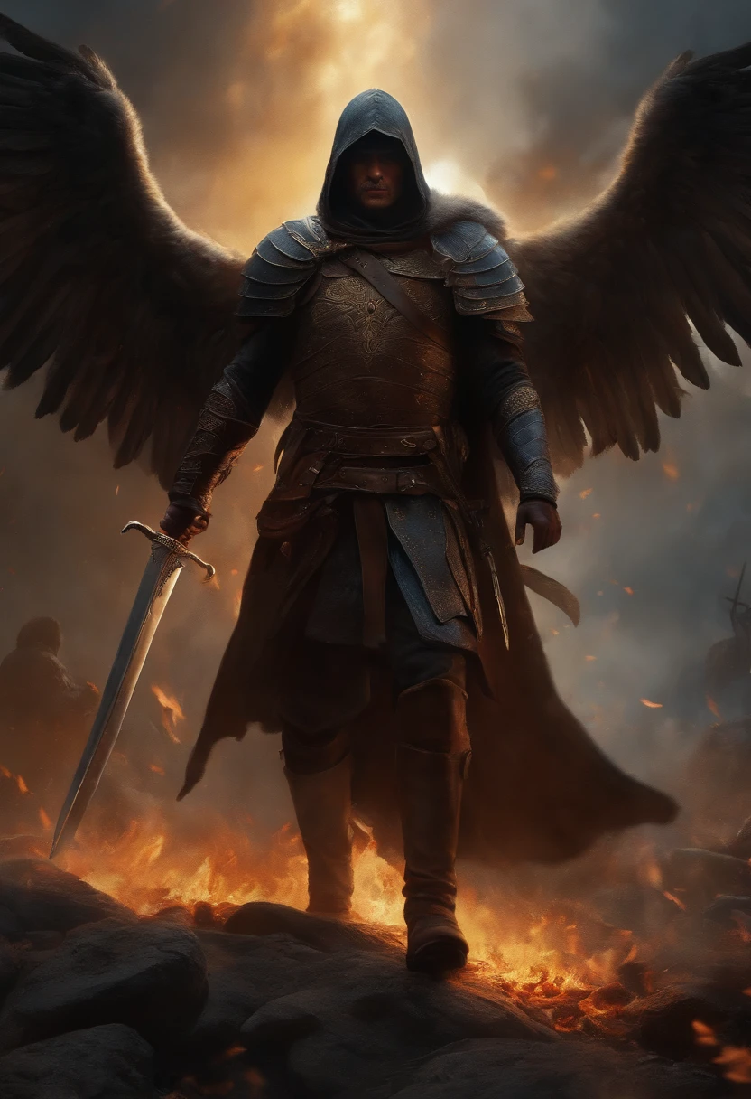 (Best quality,4K,ultra-detailed,Realstic:1.2),Un homme aux grandes ailes, a sword, A hood over his head in the background of a war (chaos),Oil painting style, Couleurs vives, Dramatic and sinister lighting.