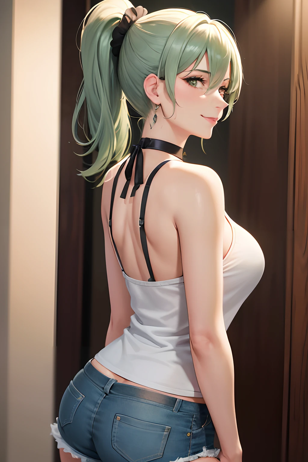 best quality, ultra high res, (((1girl, solo))), ((mature)), seductive smile, green gray hair, choker, adult girl, mature girl, ((milf, mother)), side ponytail, ponytail on shoulder, micro bikini, ass, g-string, from back