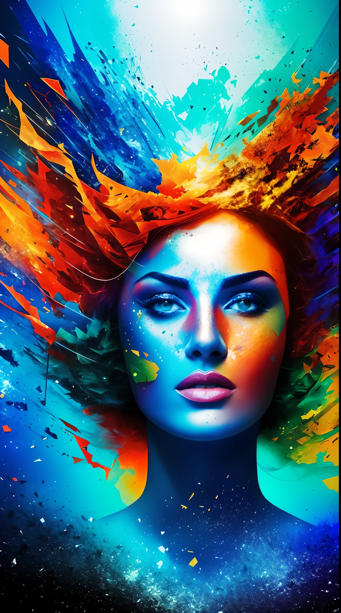 3D Puzzle , mulher de beleza olhando  , redhead, Ogiva explosiva, machine parts embedded into face, volatile, inspirado em Igor Morski, dramatic artwork, photomanipulation, photo manipulation, Disintegration,, explosion of data fragments, zumbido, arte oficial, incrivelmente alto detalhou, arte do photoshop, Noise effect, azul escuro