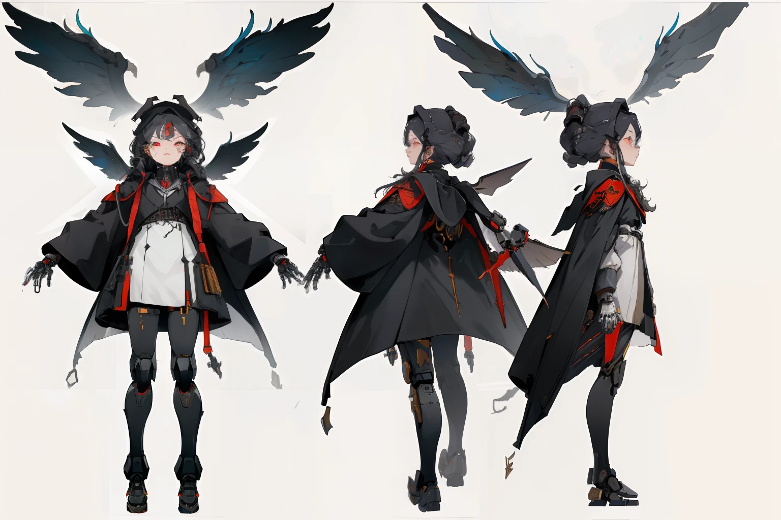 [(white background_1.5),::5] , (isometric_1.0), ((masterpiece)),(((best quality))), evil female cyborg, hll,futobot, (mechanical wings:1.4), wearing (black robes:1.2), (cloak:1.2),mechanical legs, (Multiple views of the same character in the same outfit:1.3), multiple views