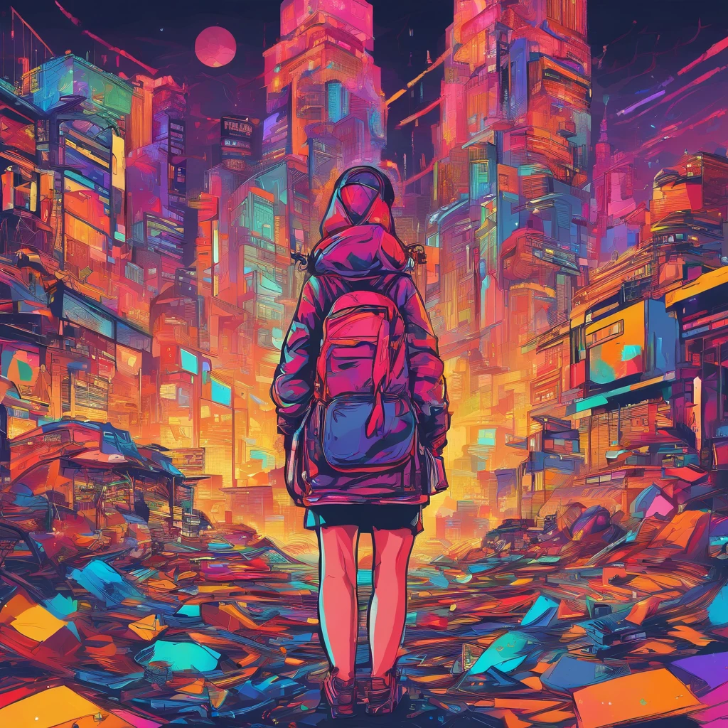 ((masutepiece)), ((8K)),( Ultra-high resolution), ((Highly detailed)), A dystopian future Tokyo depicted in the style of Fauvism, Rain-soaked street reflects neon lights, (Cities dominated by biomechanical design), (In the rubble, Lonely silhouette of a girl standing on a pile of rubble), (Set for background unrealistic color palette)