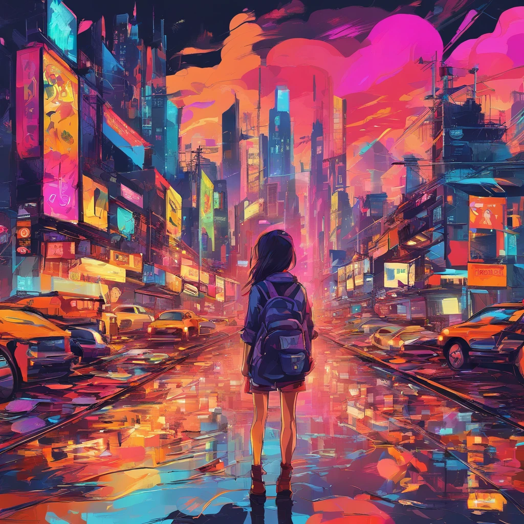 ((masutepiece)), ((8K)),( Ultra-high resolution), ((Highly detailed)), A dystopian future Tokyo depicted in the style of Fauvism, Rain-soaked street reflects neon lights, (Cities dominated by biomechanical design), (In the rubble, Lonely silhouette of a girl standing on a pile of rubble), (Set for background unrealistic color palette)