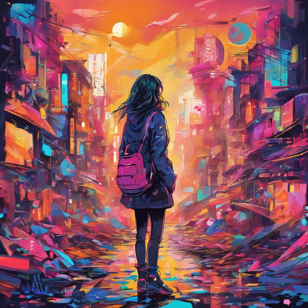 ((masutepiece)), ((8K)),( Ultra-high resolution), ((Highly detailed)), A dystopian future Tokyo depicted in the style of Fauvism, Rain-soaked street reflects neon lights, (Cities dominated by biomechanical design), (In the rubble, Lonely silhouette of a girl standing on a pile of rubble), (Set for background unrealistic color palette)