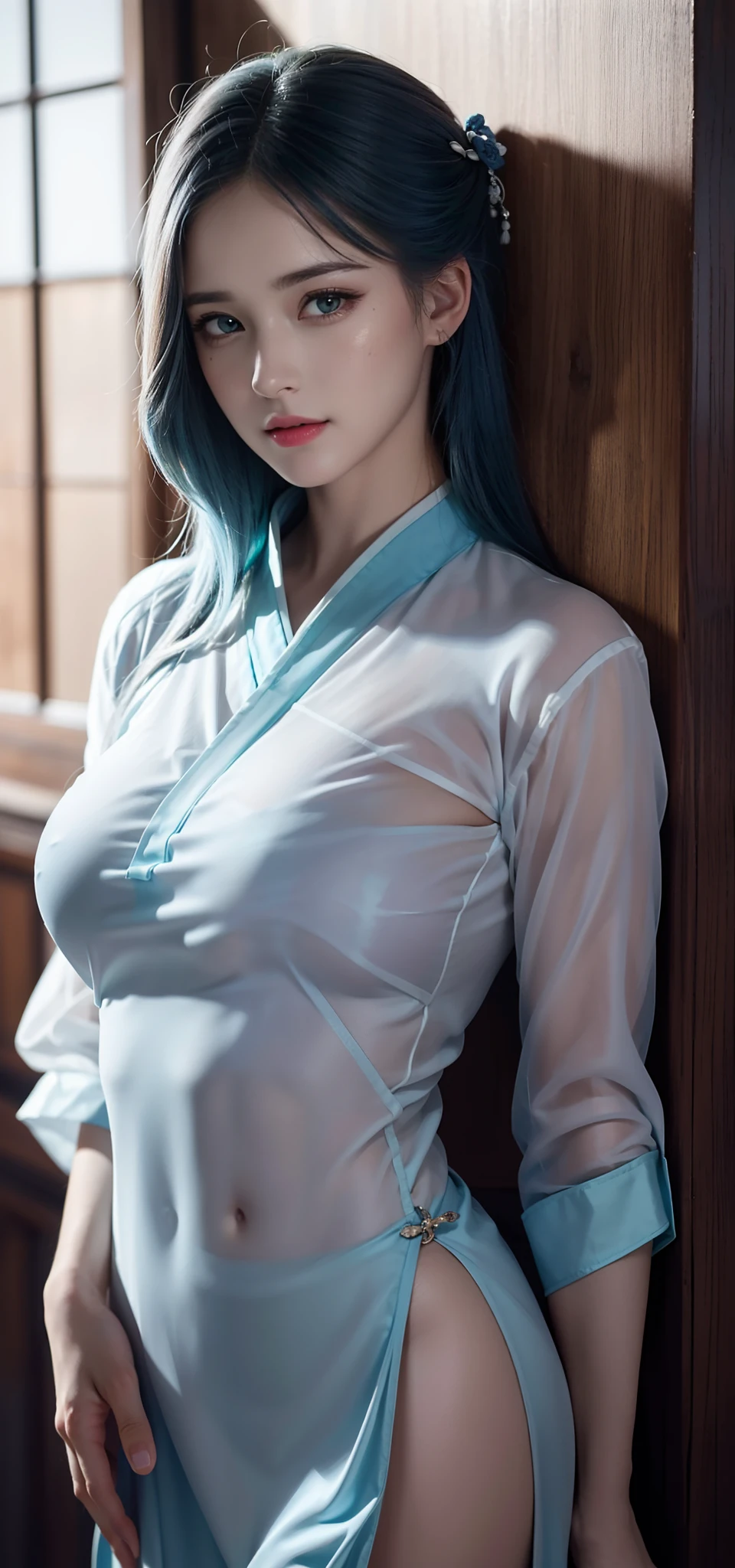 (Hyperrealistic), (illustration), (high resolution), (8K), (Extremely detailed), (Best Illustration), (Beautiful detailed eyes), (Best quality), (Ultra-detailed), (Masterpiece), (the wallpaper), (Photorealistic), (Natural light), (rim lit), (Detailed face), (Highly detailed realistic skin textures), (Anatomically correct), (Solo), (1 girl), (high detailed realistic hair), (Blue hair:1.2), spiked hair, (Heterochromic eyes), (detailed green eyes), (Small moles under the eyes), (Realistic big breasts:1.5), (Exposed breasts:1.3), (Long legs), (Slender abs), (Dynamic pose), (Closed mouth:1.3), (traditional Hanfu attire), (Sheer clothes:1.5), NSFW,nakeness，extremely large bosom，Bare lower body，Bare breasts