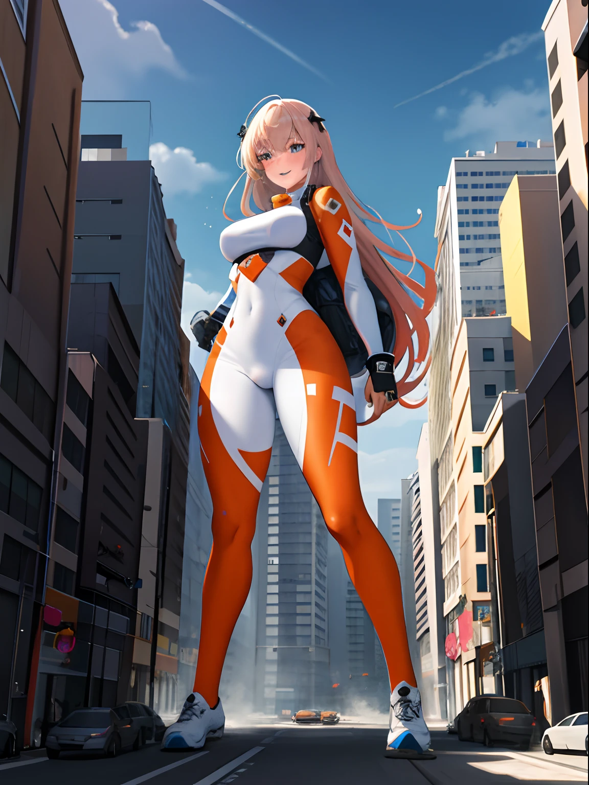 (solo), (1girl:1.3), (masterpiece, best quality:1.4), (ultra highres:1.2) , (super fine illustration:1.3), 8k resolution, absurdres, insanely detailed, sharp focus, (vivid colors:1.5), (natural lighting, natural shading: 1.0),colorful details,
3D, detailed background, ultra detailed beautiful face and eyes, detailed skin texture, deteiled clothing, (Blue sky, white clouds:1.2), BREAK,
Sparkling eyes, Cute face, kawaii, smile, slim body, breasts, delicate hair, Shiny hair, shiny skin, exposed skin, (Athletic body:1.0), super heavy weight,
looking away, (standing ground:0.5), (stylish pose:0.3), dynamic pose, (sitting on building, The roof of the building is crushed under bodies:0.8), The distance between buildings is super narrow ,
townscape,cityscape,street, (overhead shot:0.0), (high angle:0.0) , (wide shot:0.0), (full body shot:1.3), destruction, (Collapsed buildings:0.3), (white and orange clothing:1.0), (a mech girl:0.2), (mechanical suit:0.2) ,,
(rampage:0.5), crowd, cars,