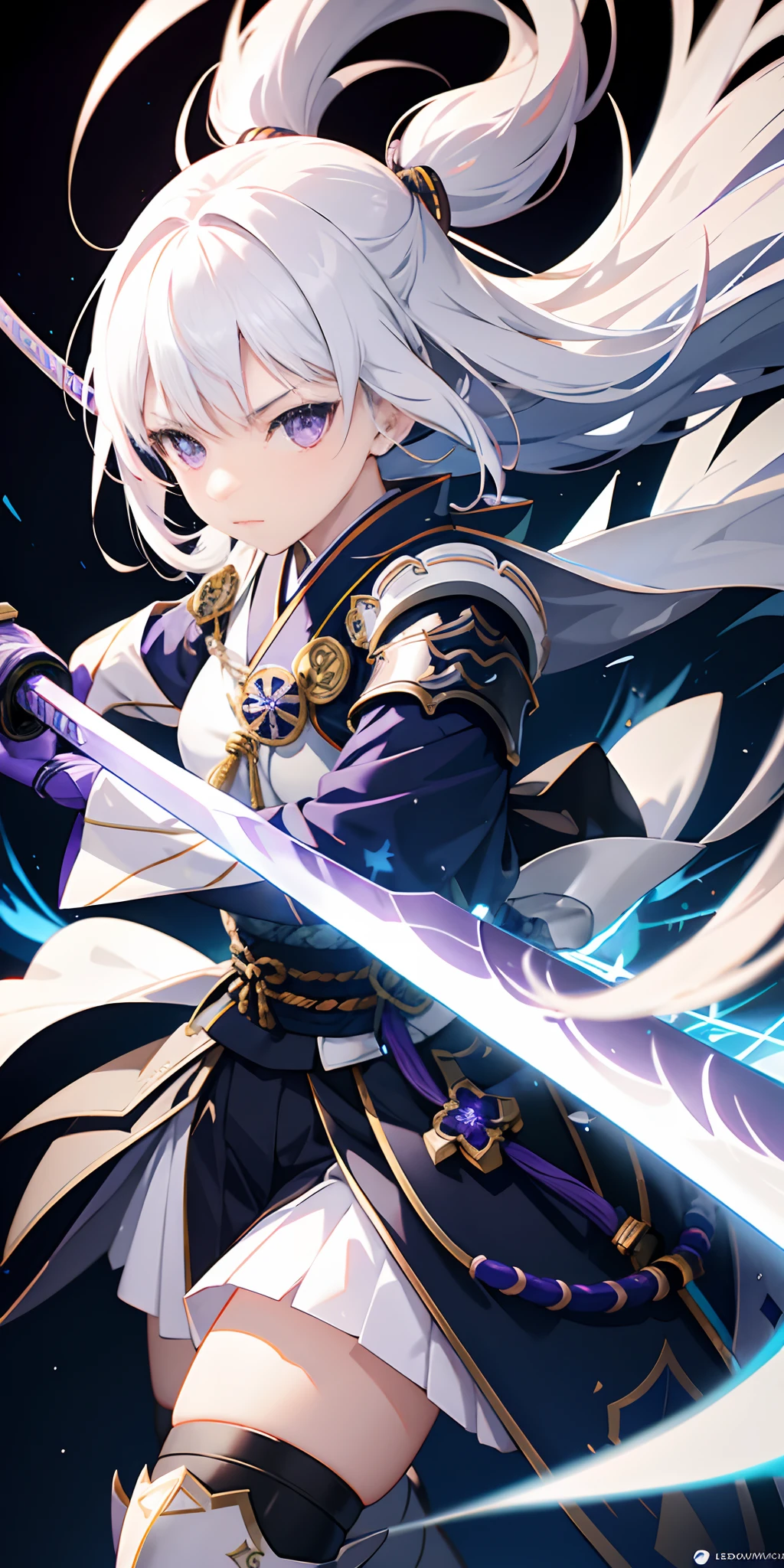 1girl, japanese armor, white hair, purple eyes, sword, ((holding sword)), blue flames, glowing weapon, light particles, wallpaper, chromatic aberration