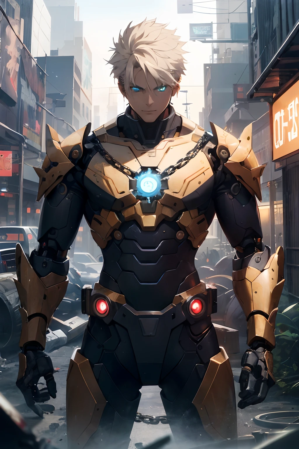 realisticlying,(a masterpiece of,top Quority,Best Quority,offcial art,Beauty and aesthetics:1.2),abundantly detailed,s fractal art,Colorful,Most detailed,zentangle,(Abstract background:1.5)(1boys:1.3),Golden hair,Short Hair,(Glowing blue eyes),chest muscle,Abs,a dark tanned skin,mech,Handsome man,Cyberpunk,(chain saw,chain saw man,Red:1.1),1man,Mechanical marvel,Robotic presence,Cybernetic guardian, boy in cyber armor, cute cyborg boy, sci - fi character, retrofuturistic male android, (Mechanical parts: 1.5), anime mecha aesthetic, black and metalic gold armor cyborg, detailed key anime art,