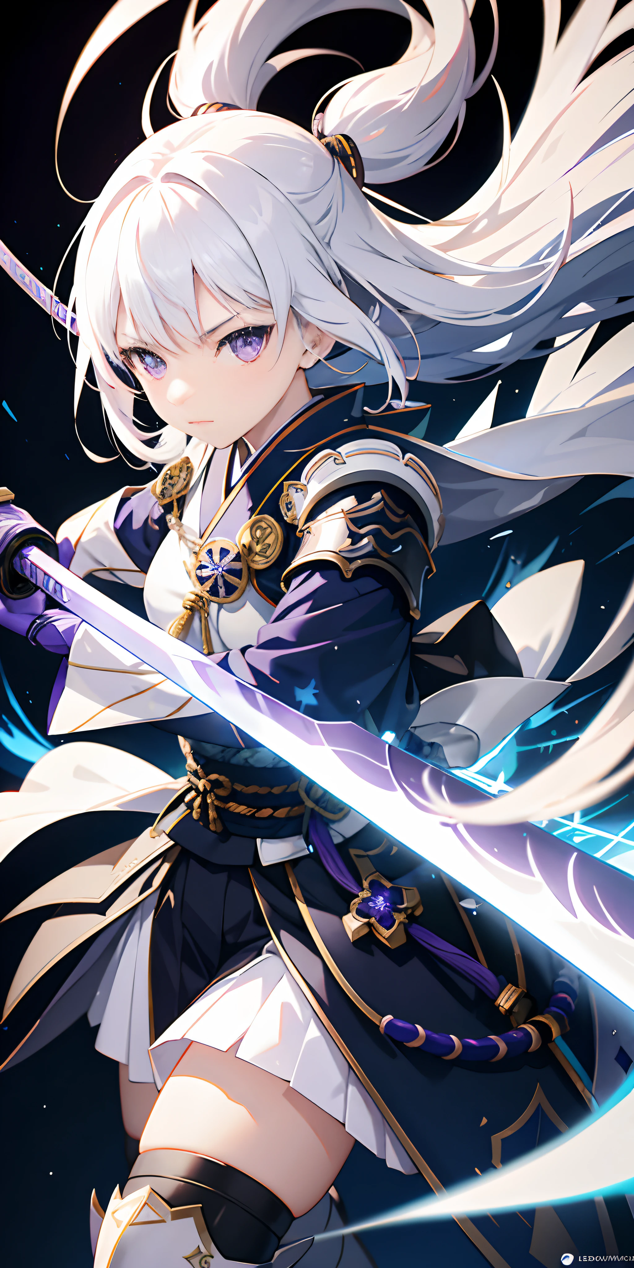 1girl, japanese armor, white hair, purple eyes, sword, ((holding sword)), blue flames, glowing weapon, light particles, wallpaper, chromatic aberration